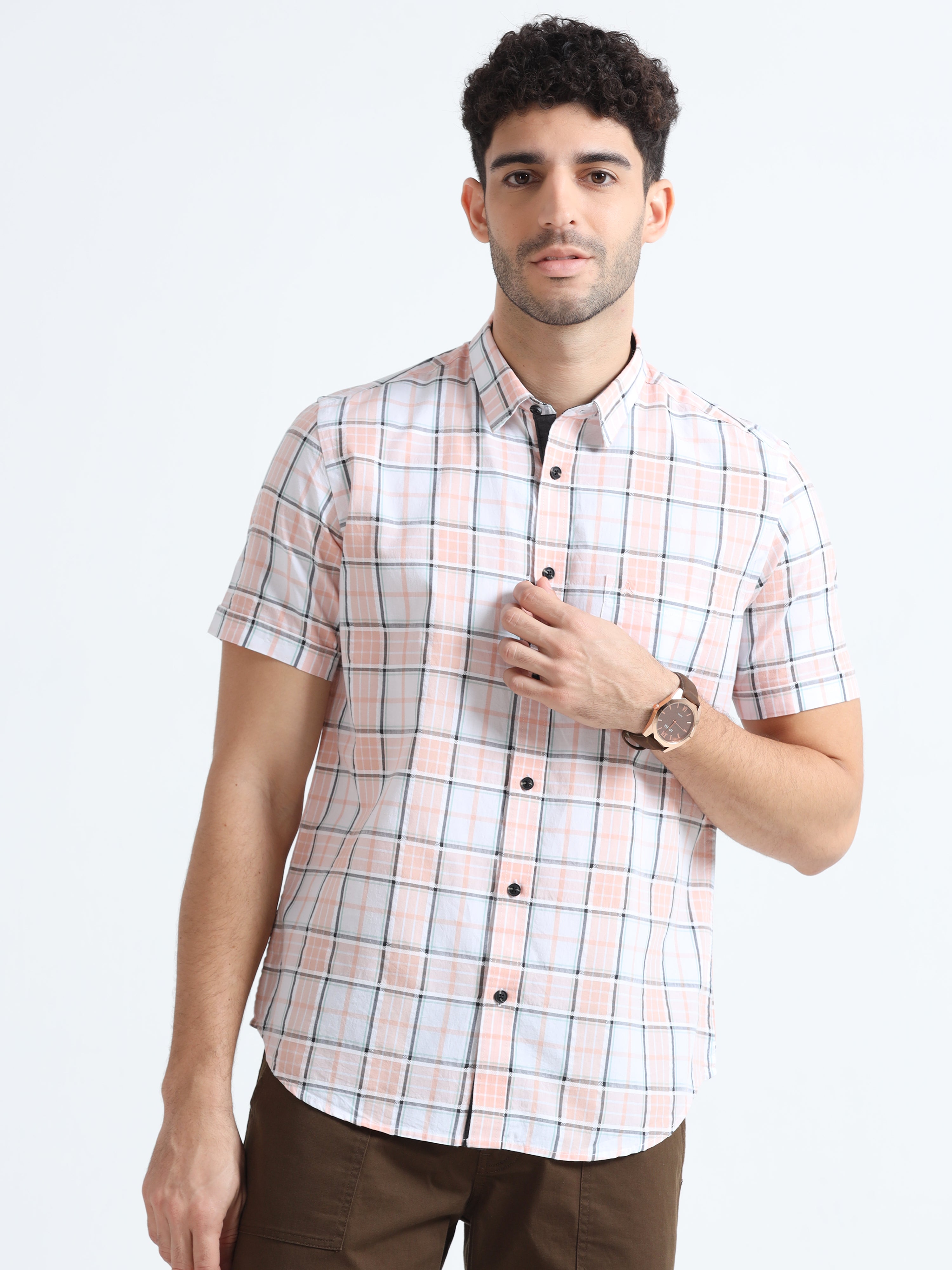 MEN'S ORANGE CHECKED SLIM FIT SHIRT