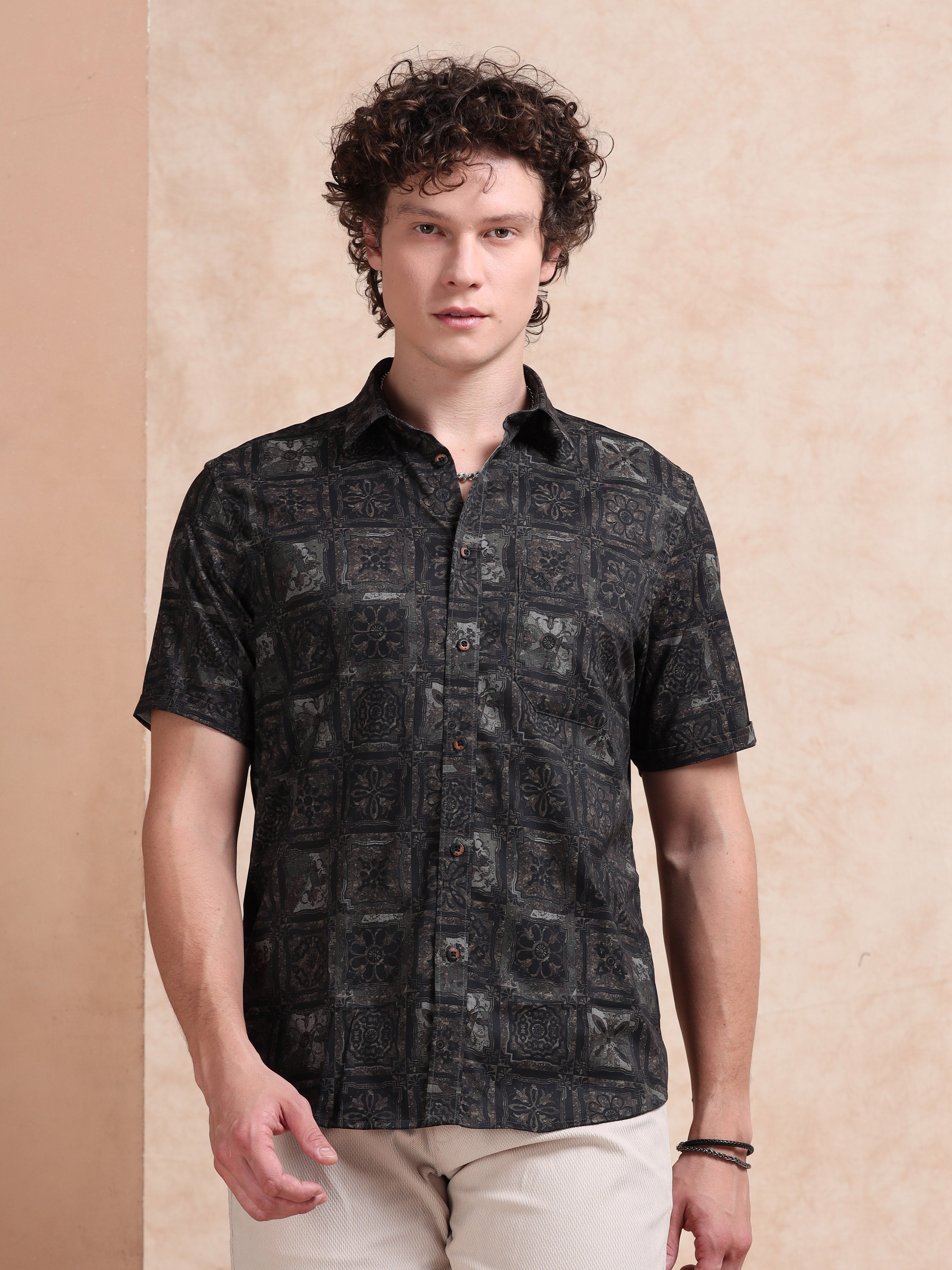 MEN'S BLACK PRINT SLIM FIT SHIRT