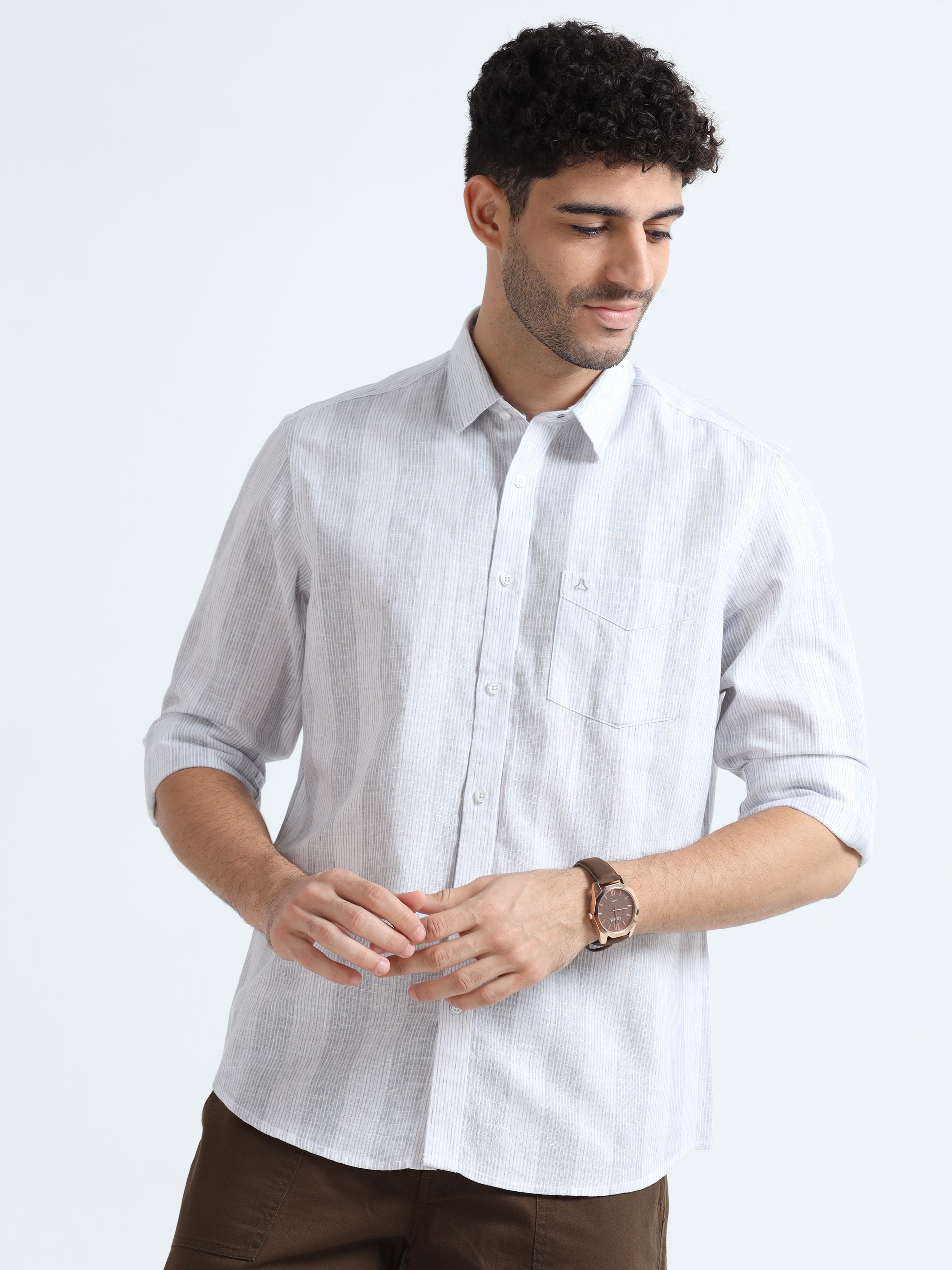 MEN'S LT.GREY STRIPES SLIM FIT SHIRT