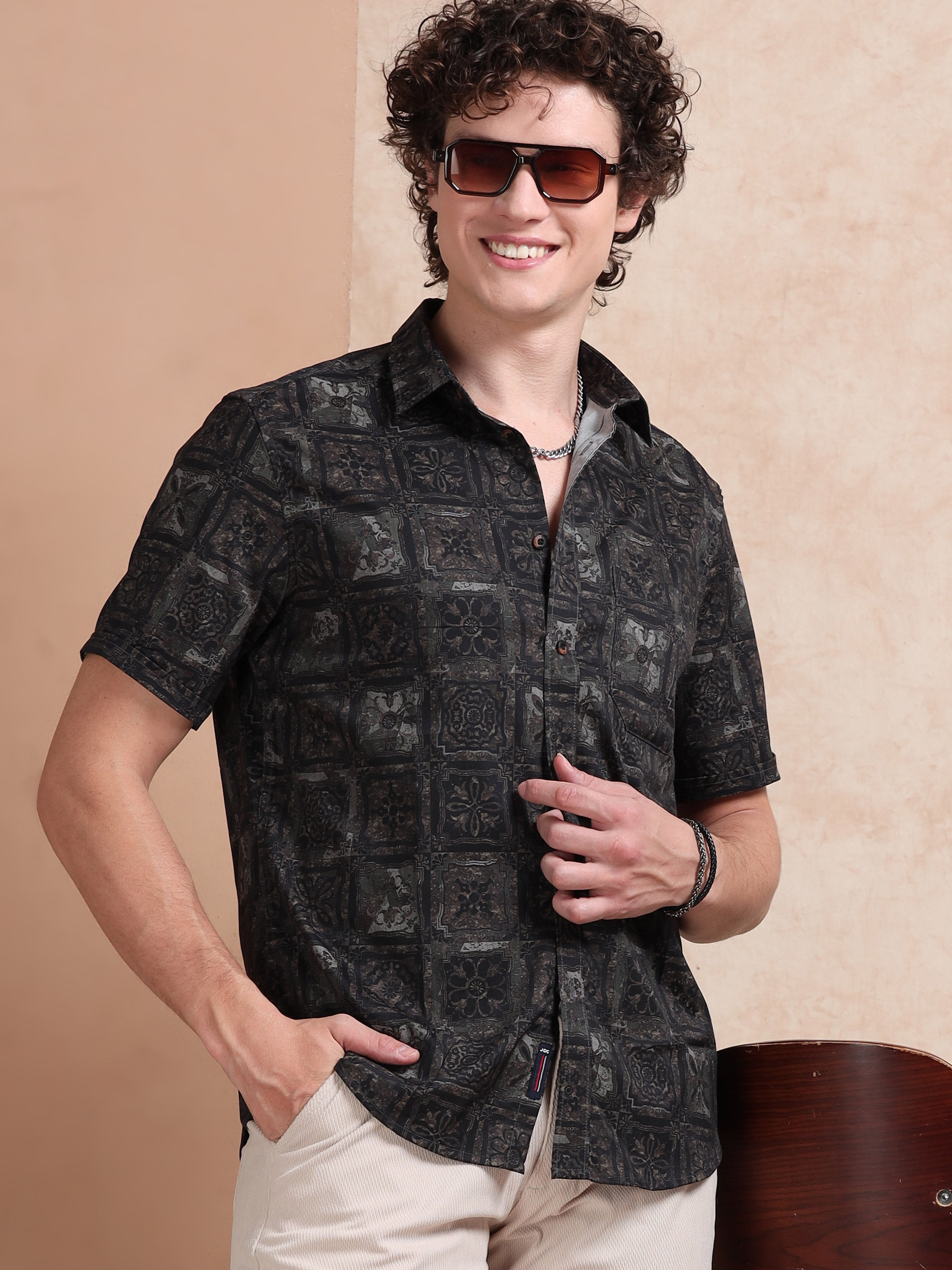 MEN'S BLACK PRINT SLIM FIT SHIRT