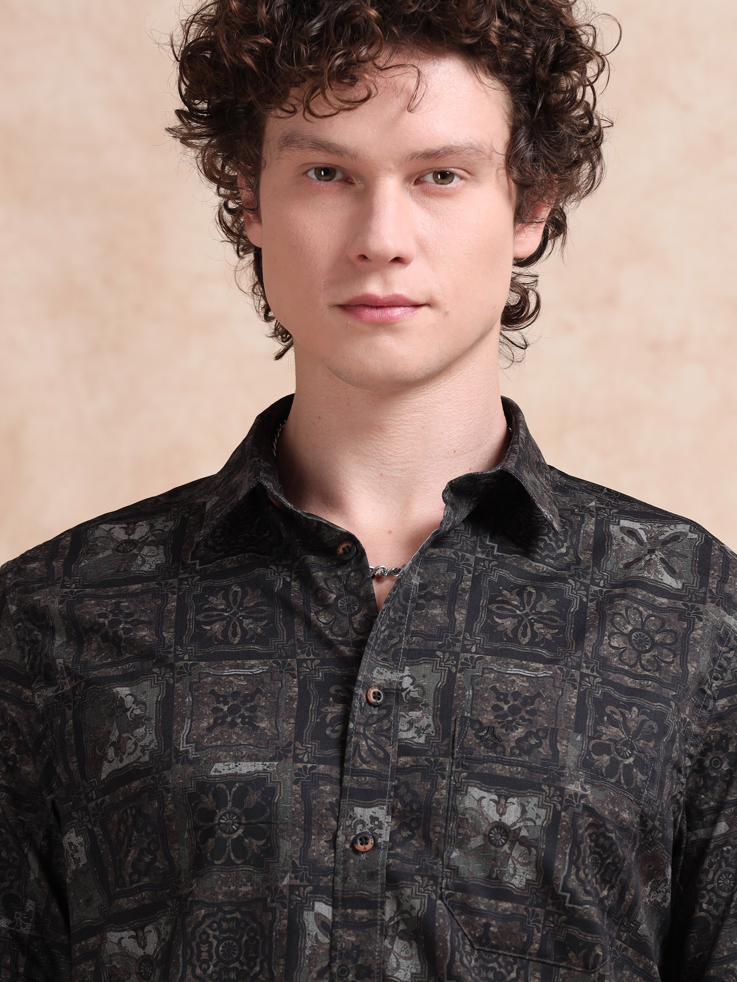 MEN'S BLACK PRINT SLIM FIT SHIRT