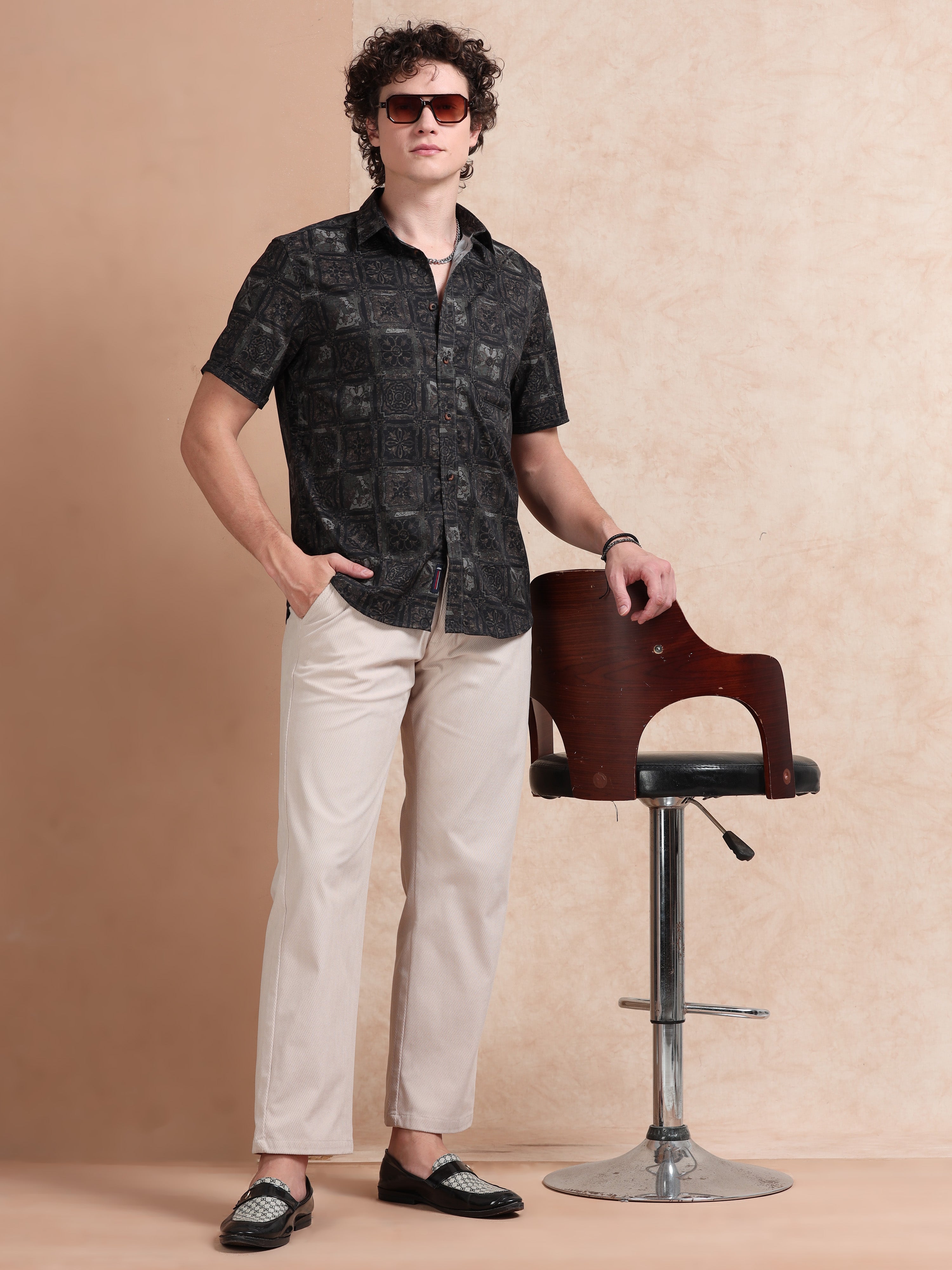 MEN'S BLACK PRINT SLIM FIT SHIRT