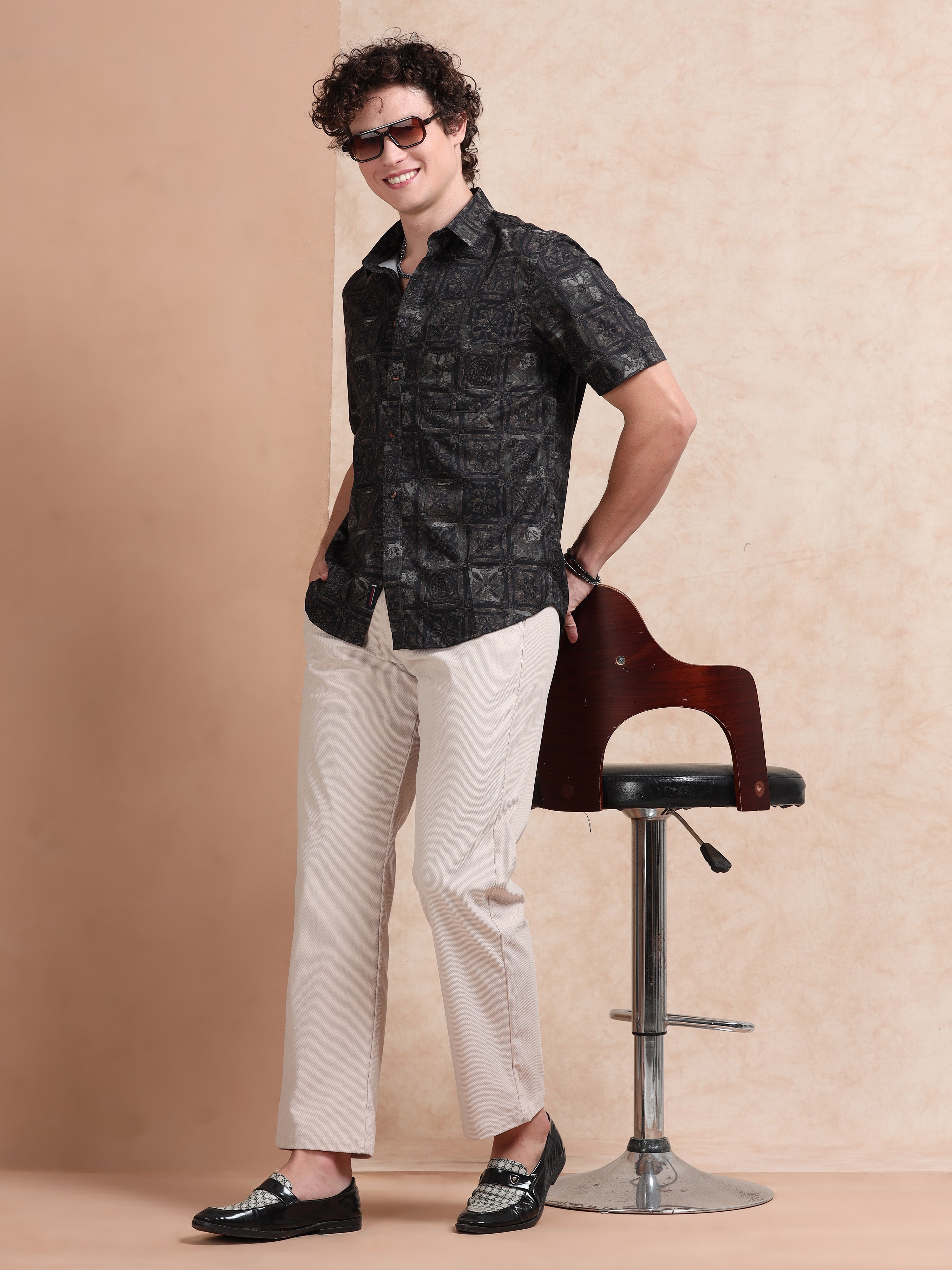 MEN'S BLACK PRINT SLIM FIT SHIRT