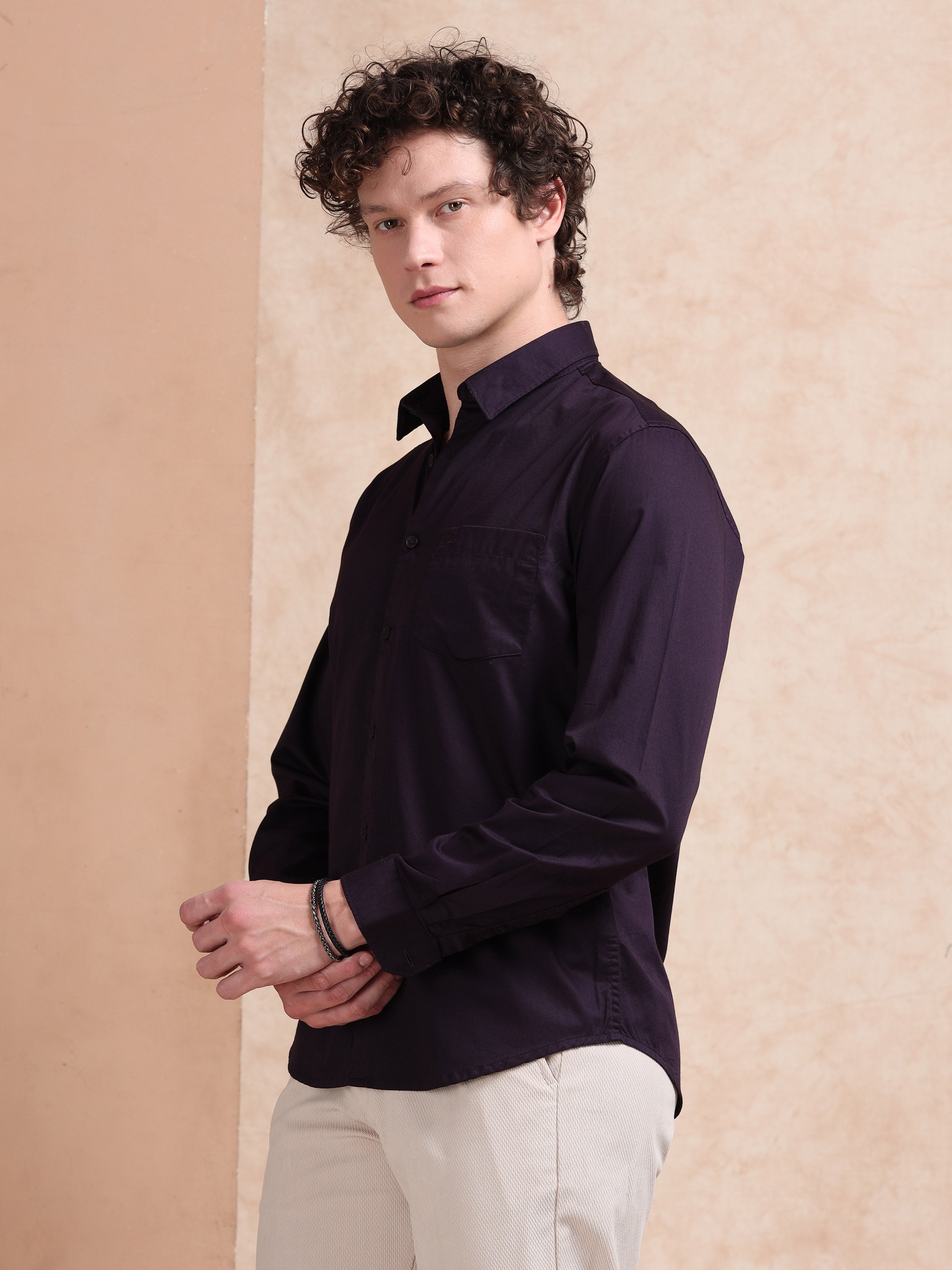 MEN'S WINE SOLID SLIM FIT SHIRT