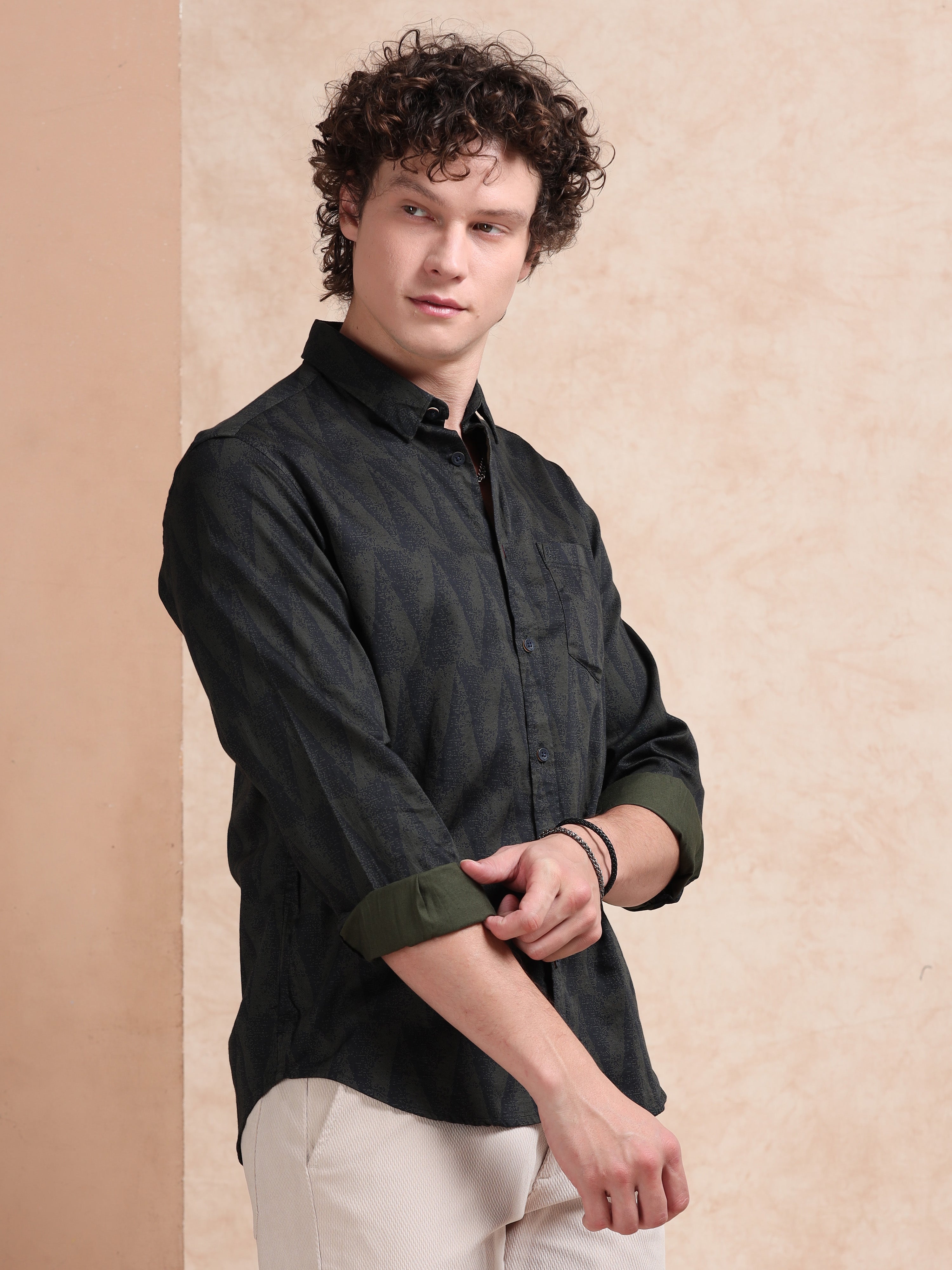 MEN'S GREEN PRINT SLIM FIT SHIRT