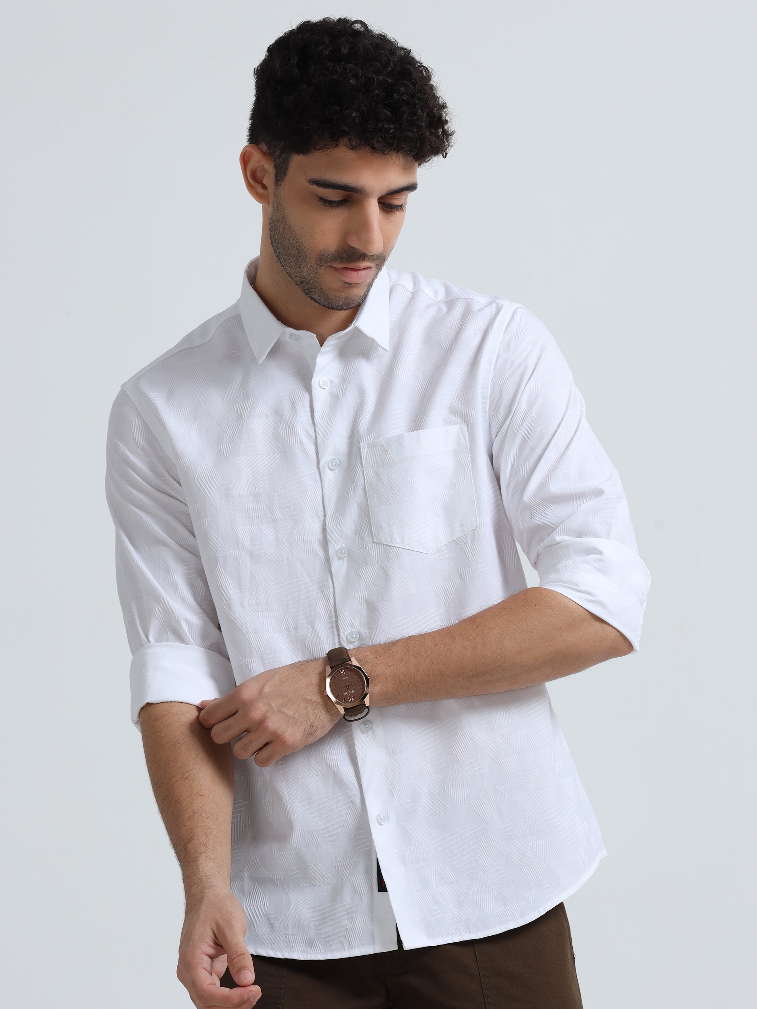 MEN'S WHITE JACQUARD  SOLID SLIM FIT SHIRT