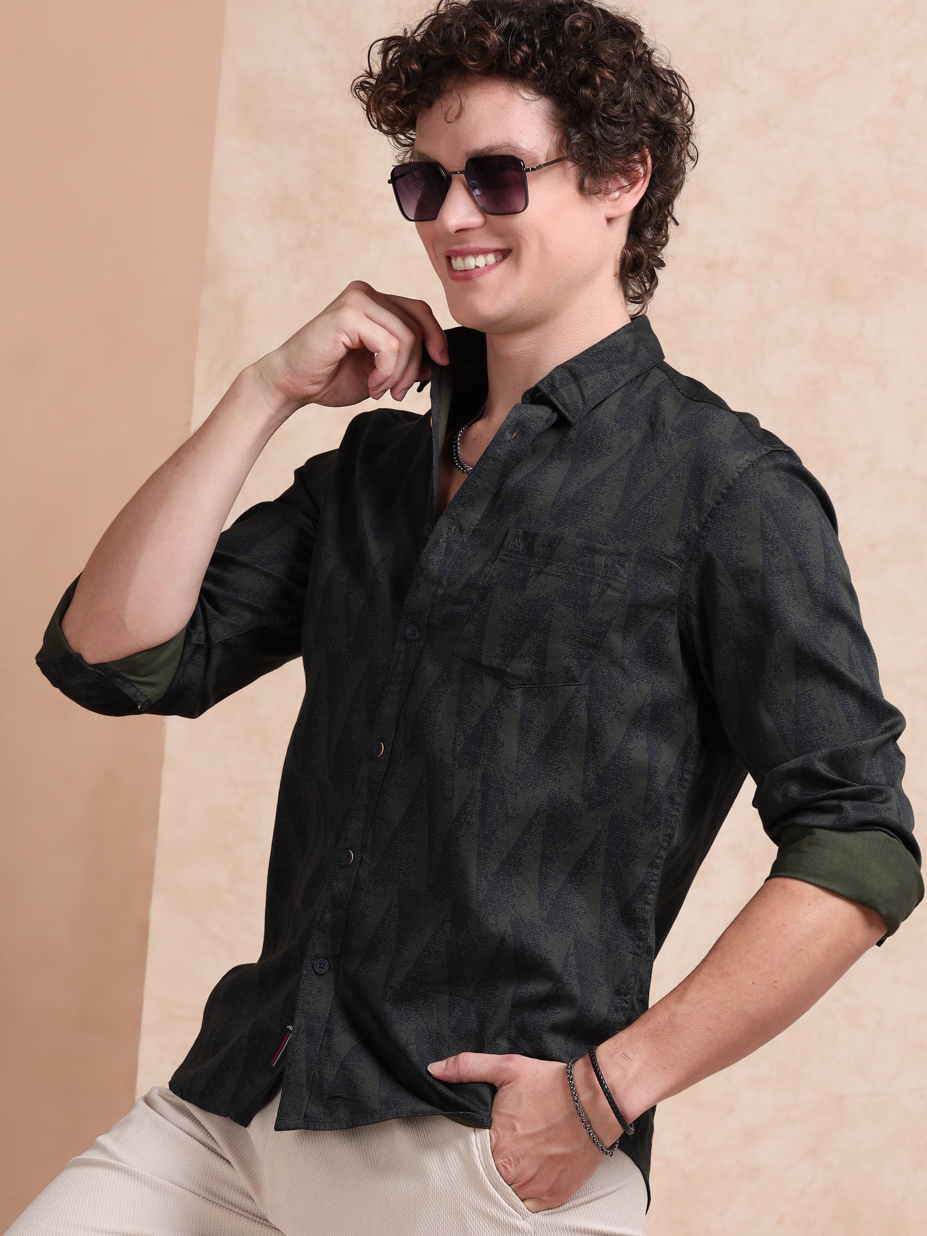 MEN'S GREEN PRINT SLIM FIT SHIRT