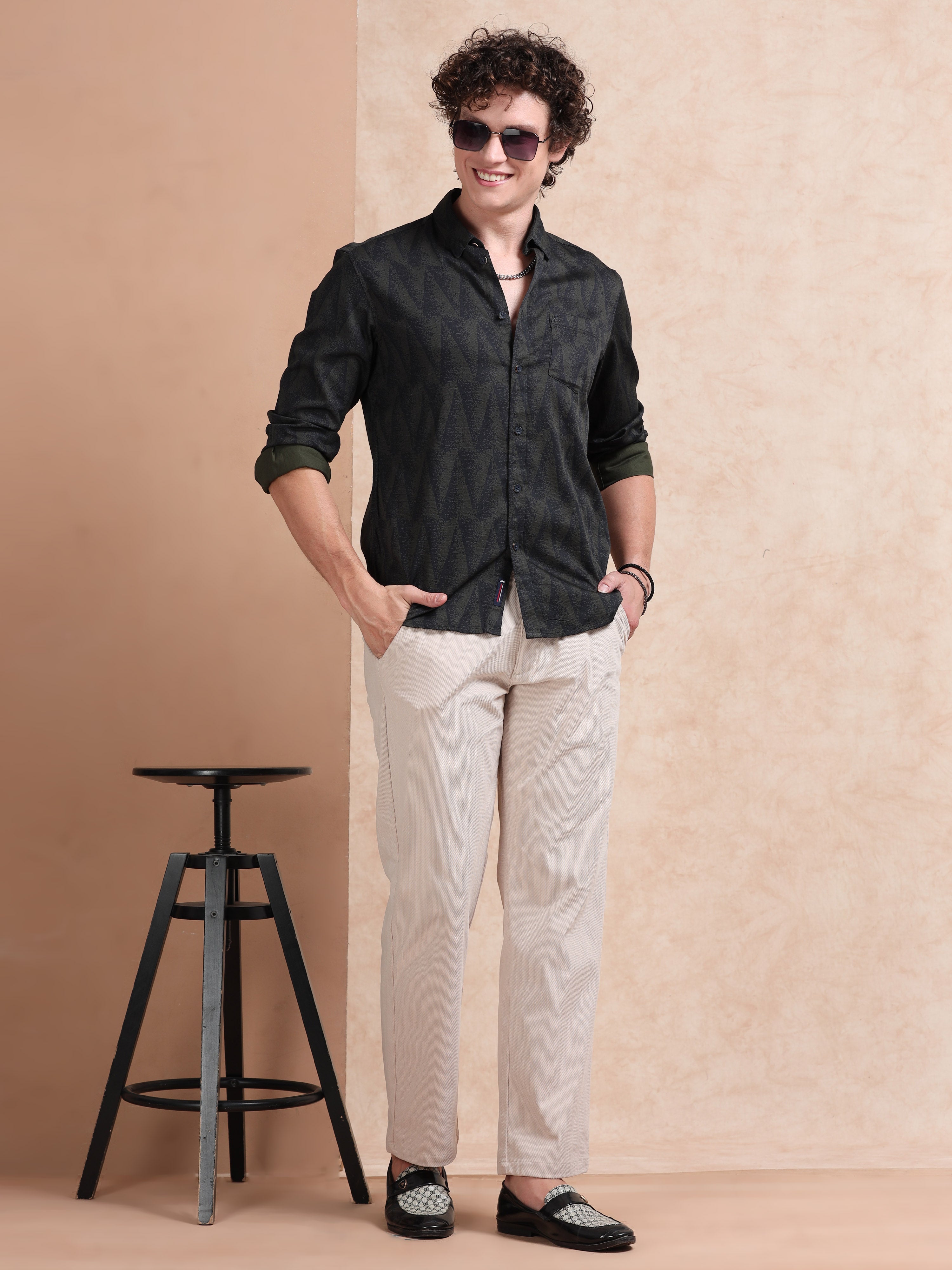 MEN'S GREEN PRINT SLIM FIT SHIRT