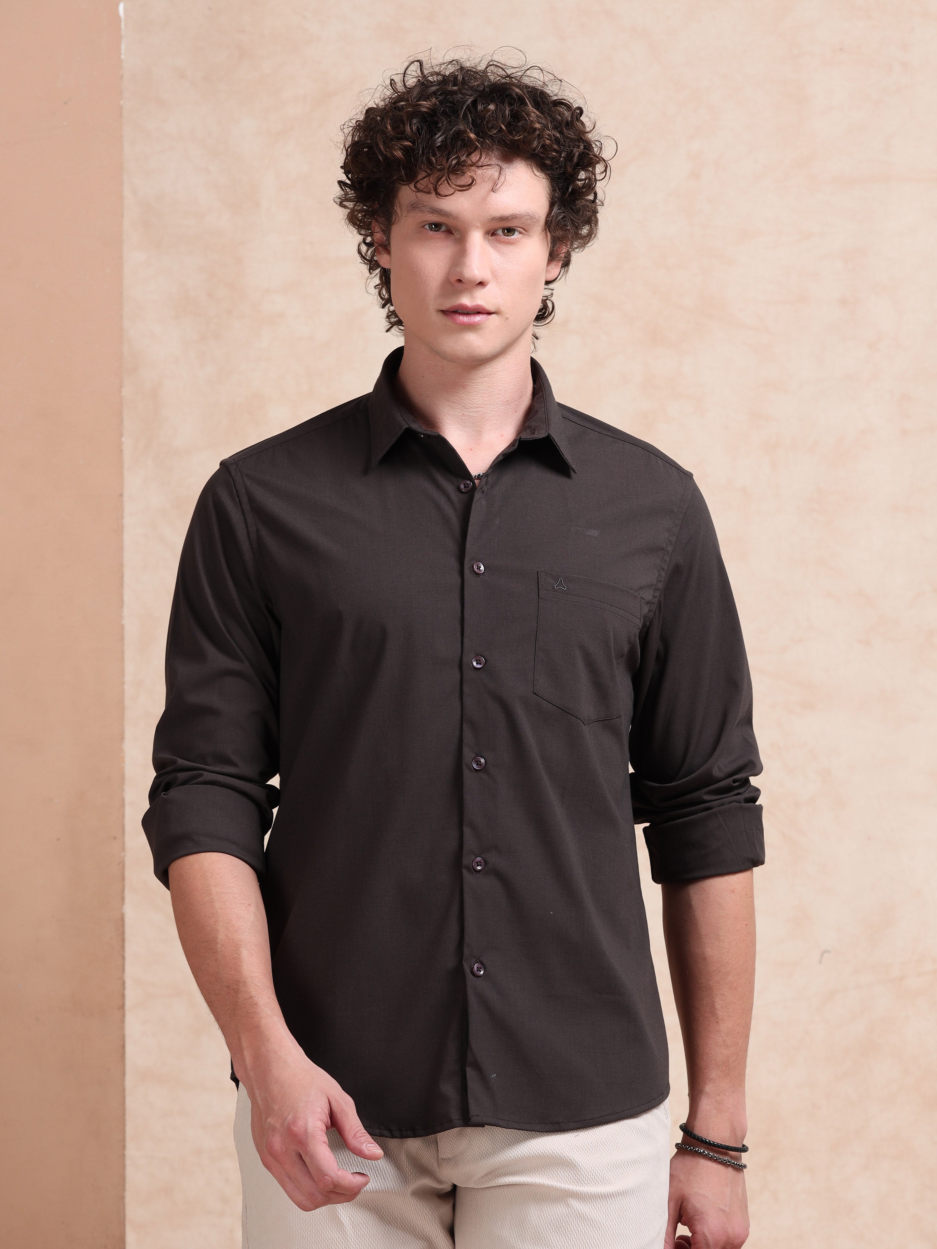 MEN'S BROWN SOLID SLIM FIT SHIRT