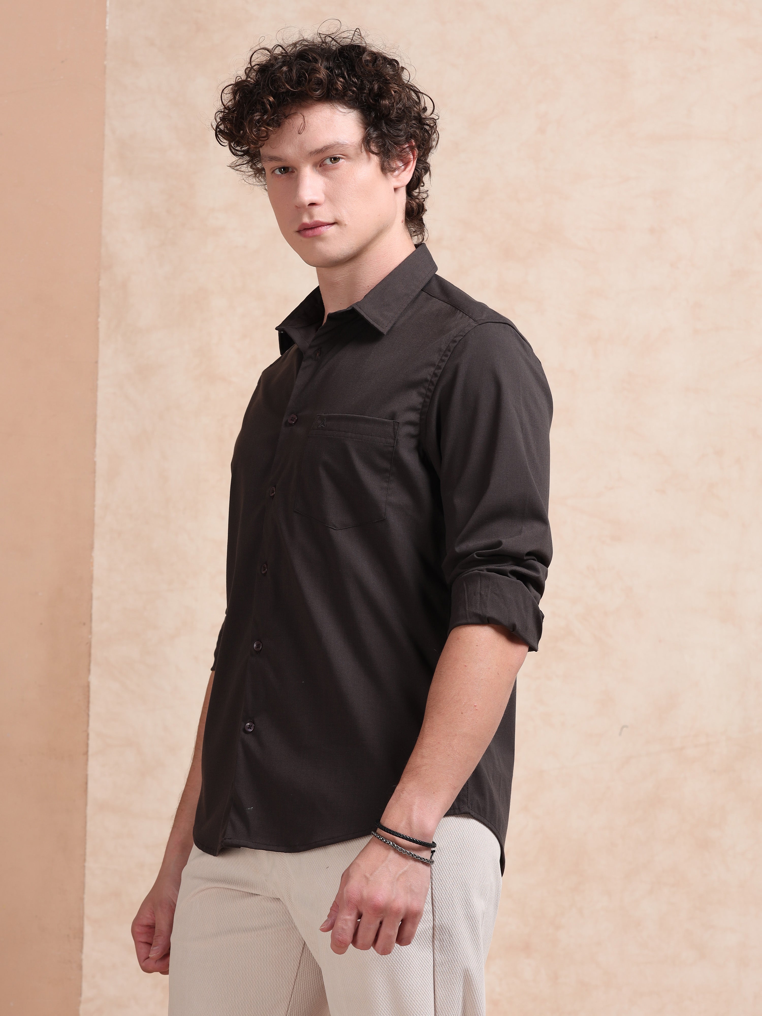 MEN'S BROWN SOLID SLIM FIT SHIRT