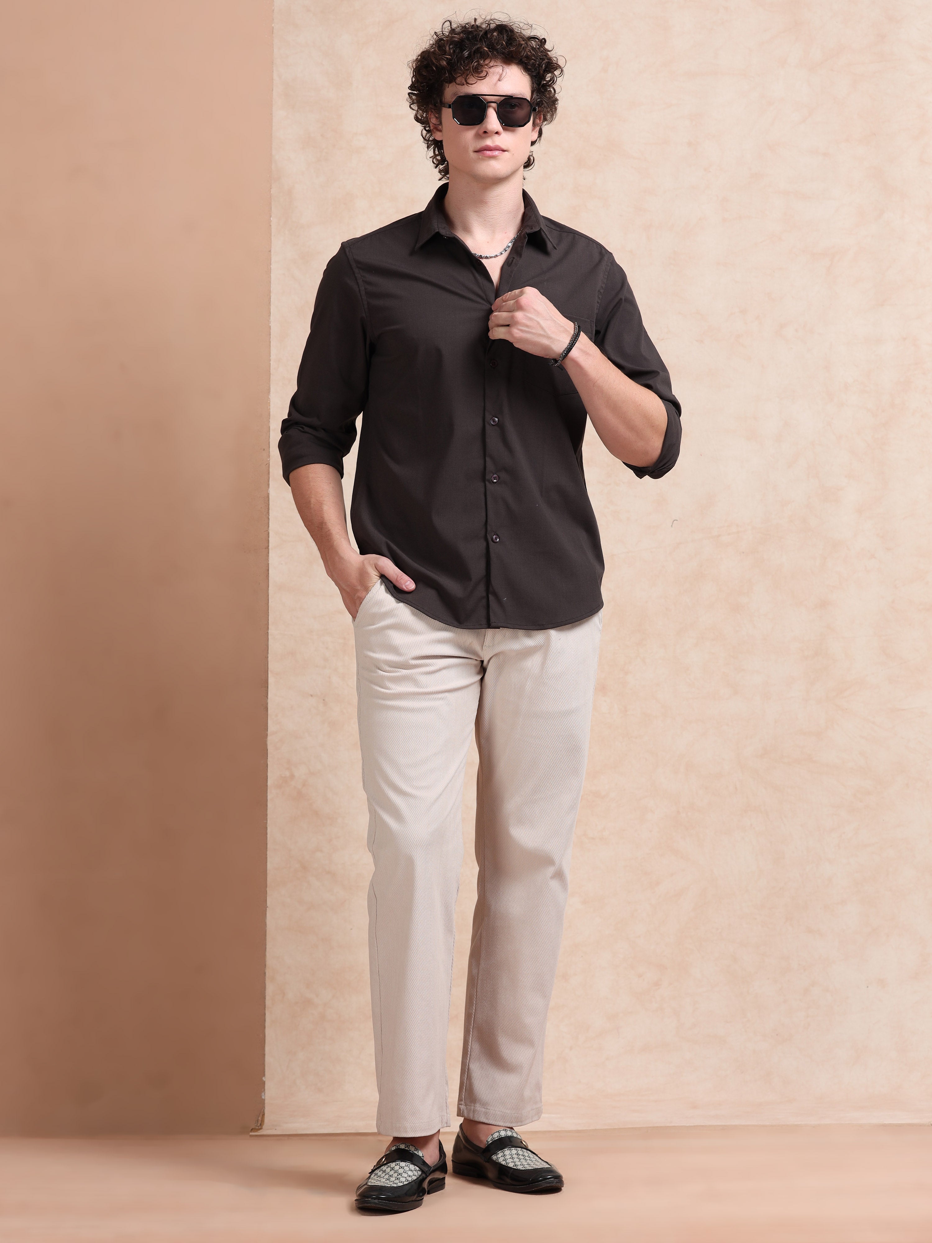 MEN'S BROWN SOLID SLIM FIT SHIRT