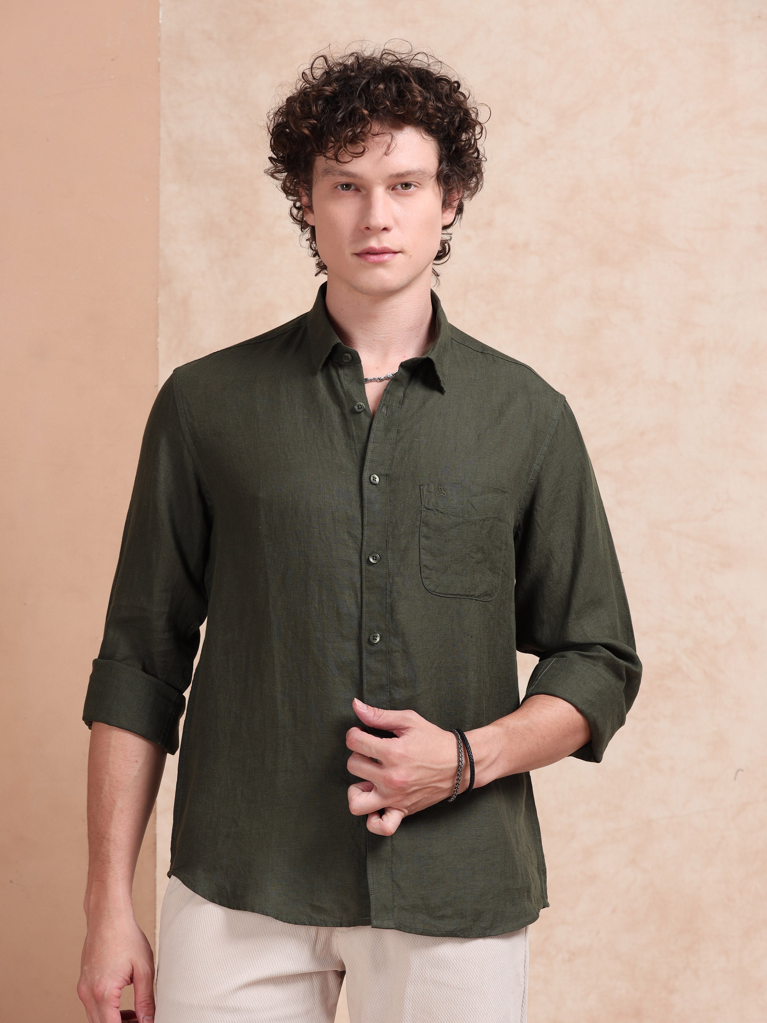 MEN'S BT.GREEN SOLID SLIM FIT LINEN SHIRT