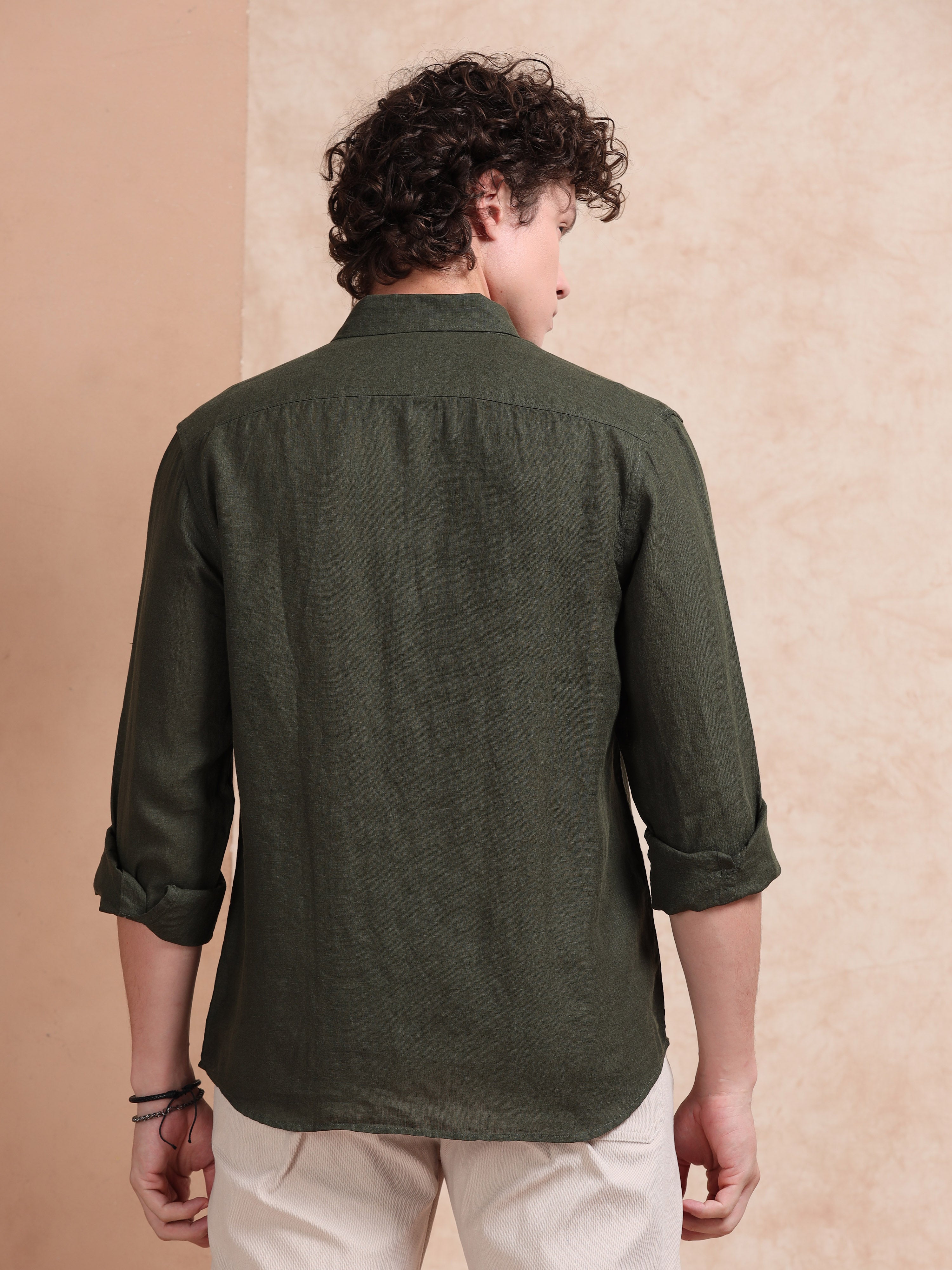 MEN'S BT.GREEN SOLID SLIM FIT LINEN SHIRT