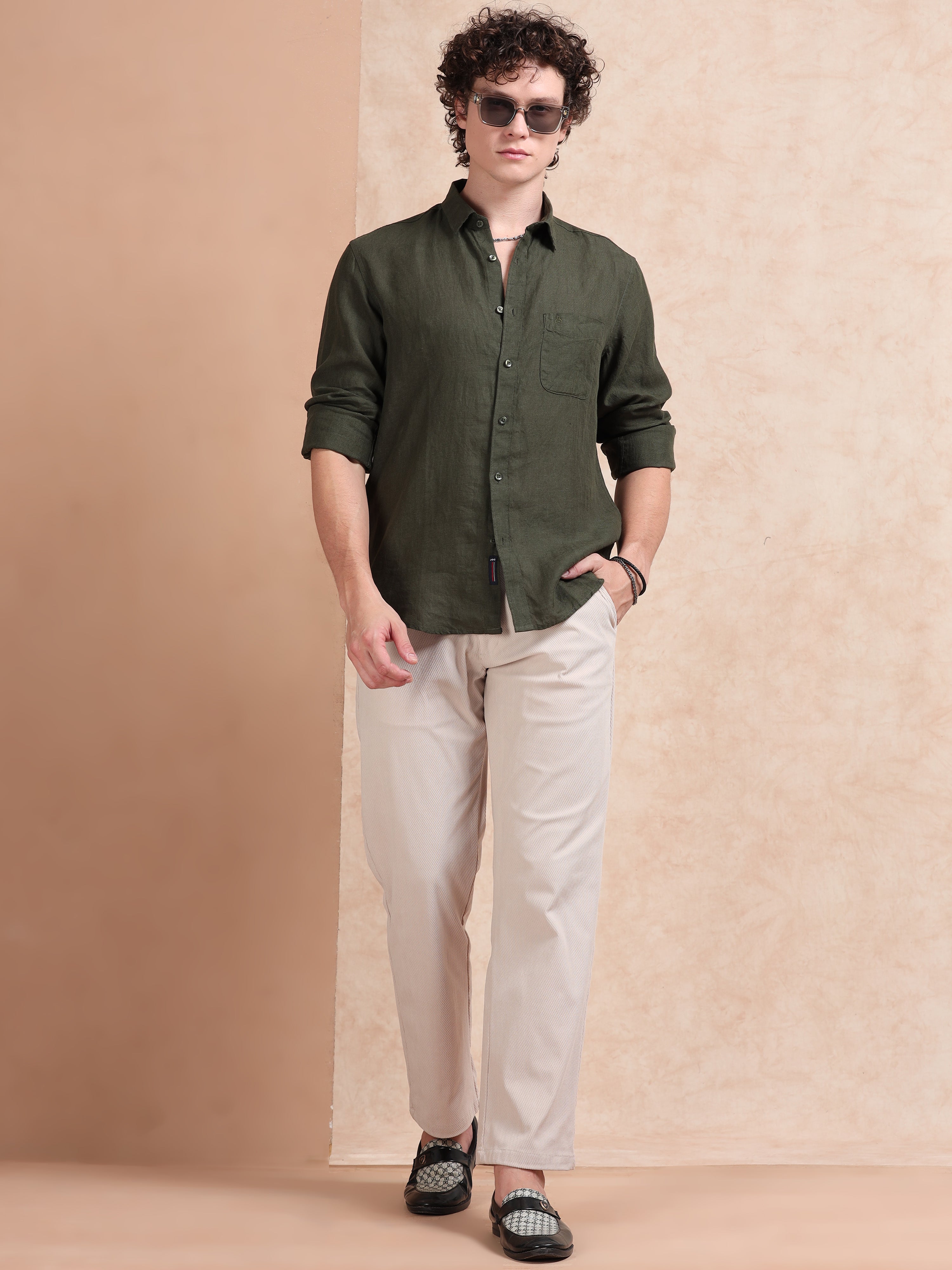 MEN'S BT.GREEN SOLID SLIM FIT LINEN SHIRT