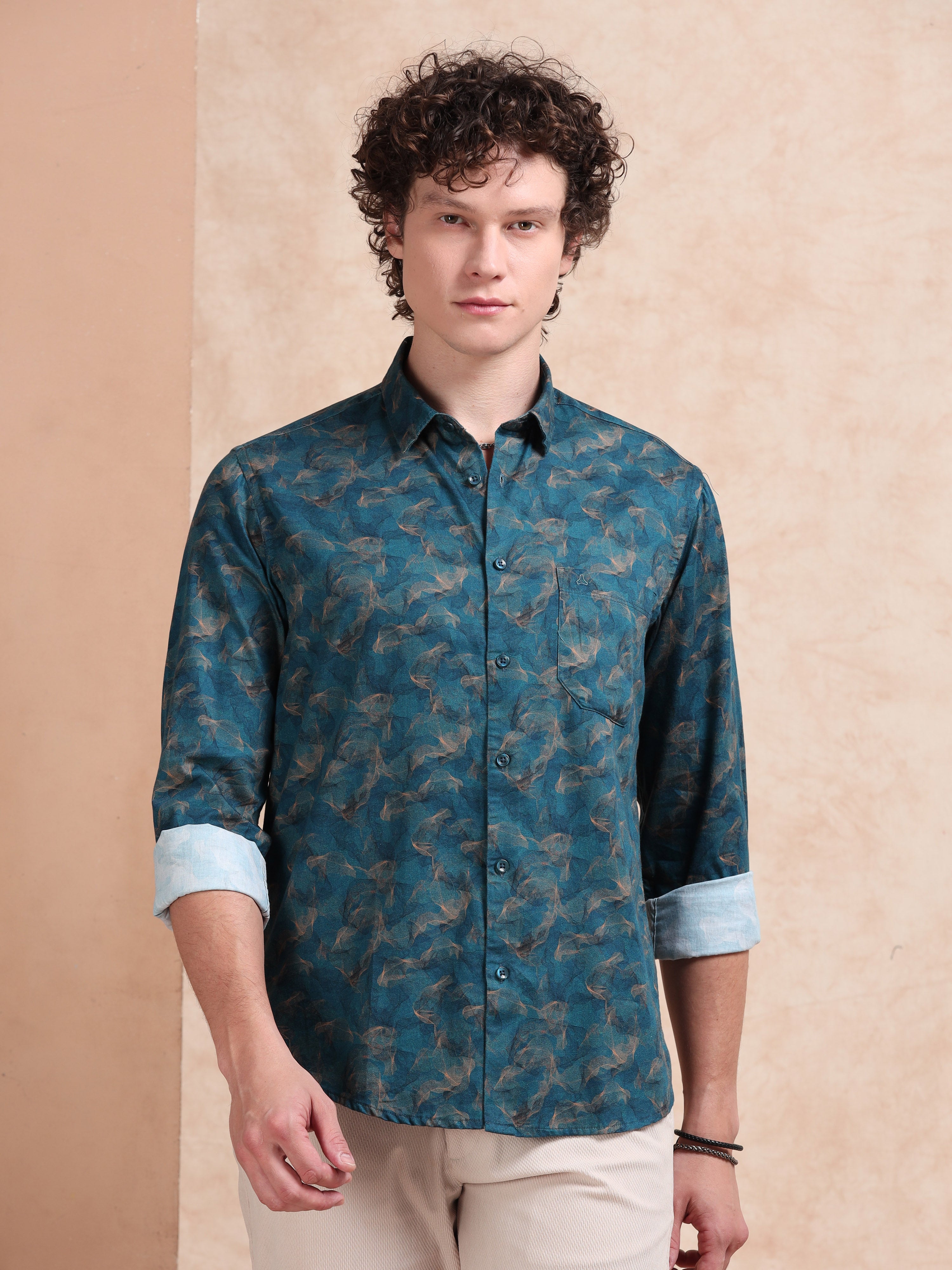 MEN'S TEEL GREEN PRINT SLIM FIT SHIRT