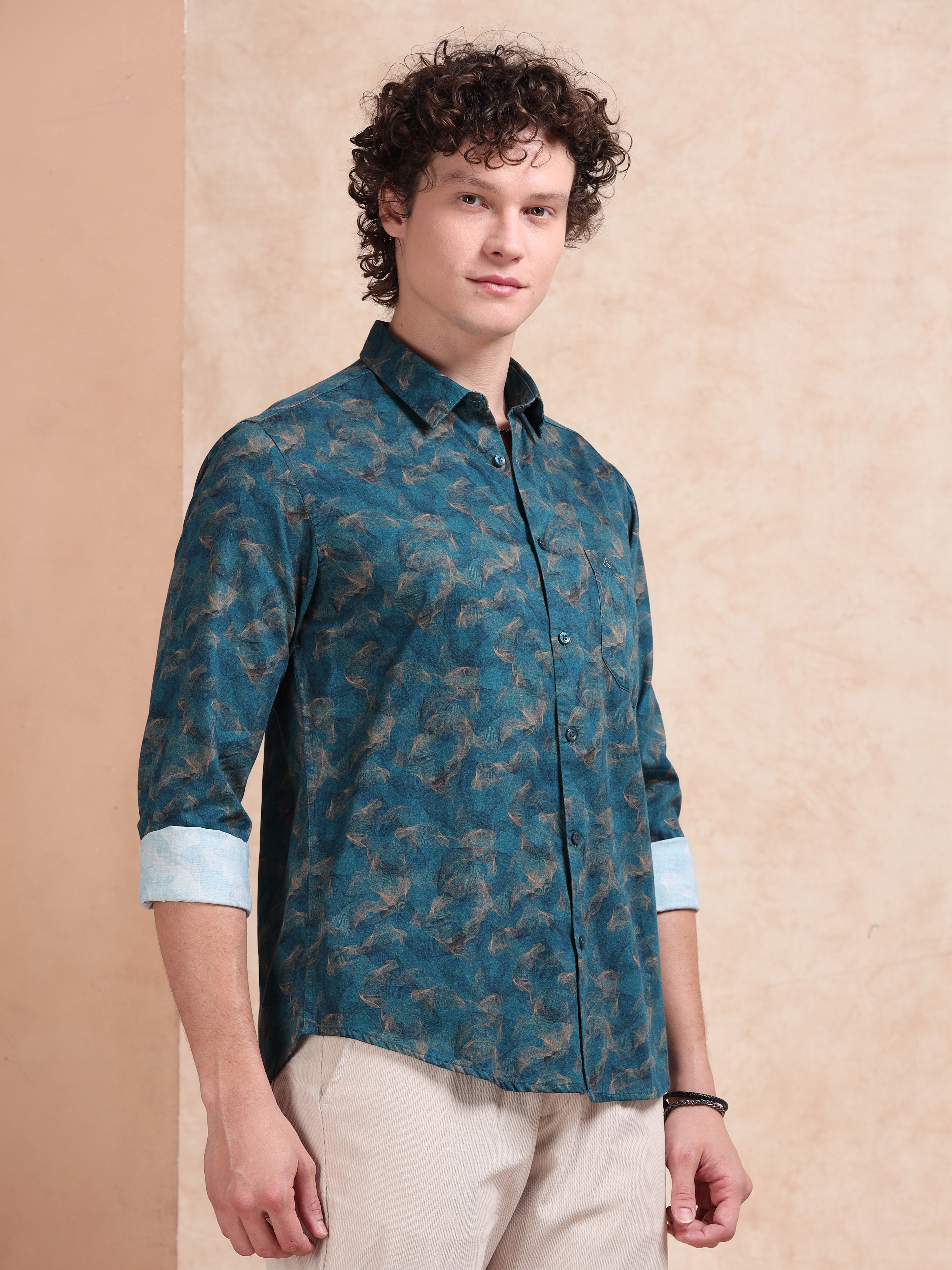 MEN'S TEEL GREEN PRINT SLIM FIT SHIRT