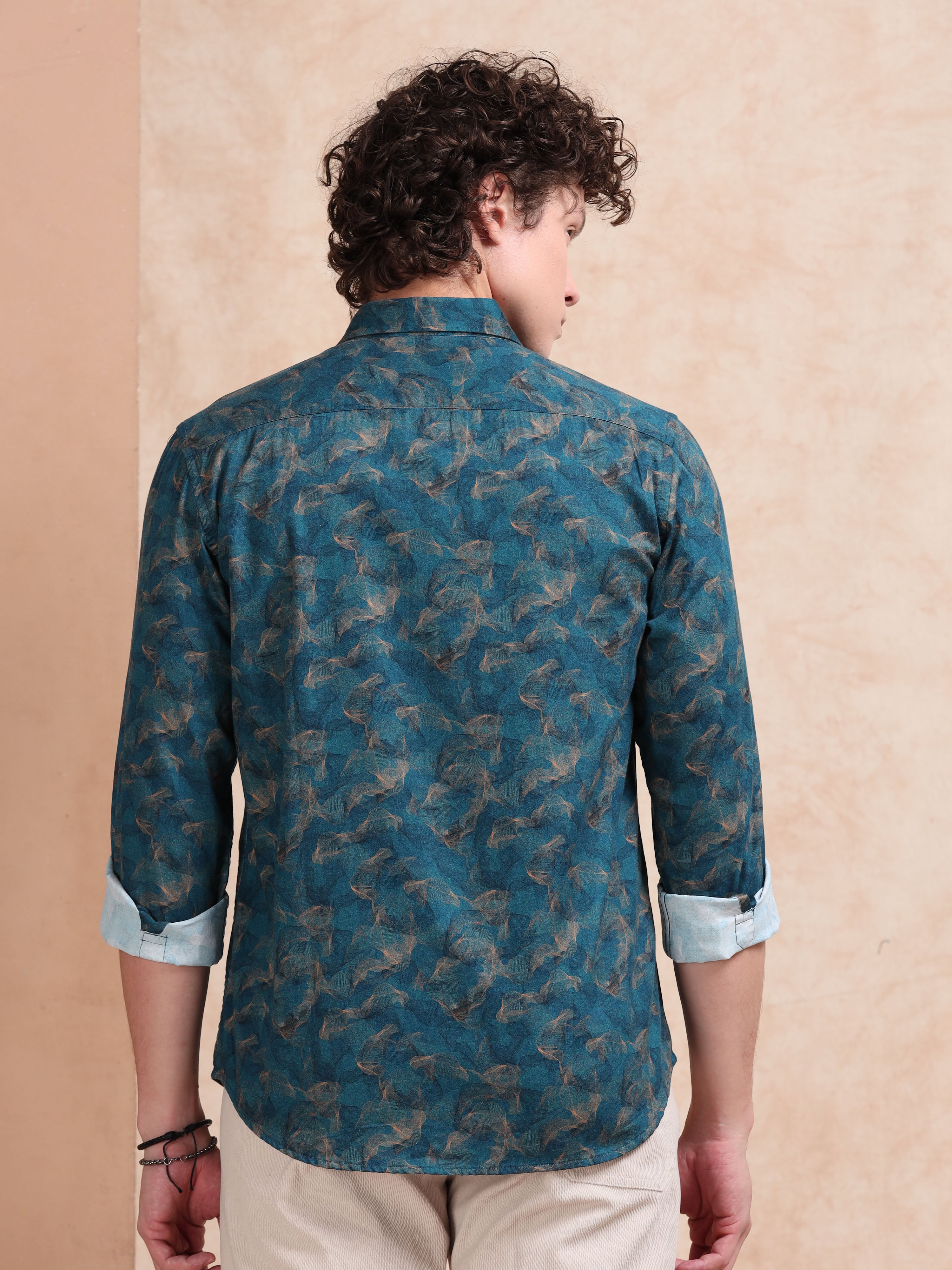 MEN'S TEEL GREEN PRINT SLIM FIT SHIRT