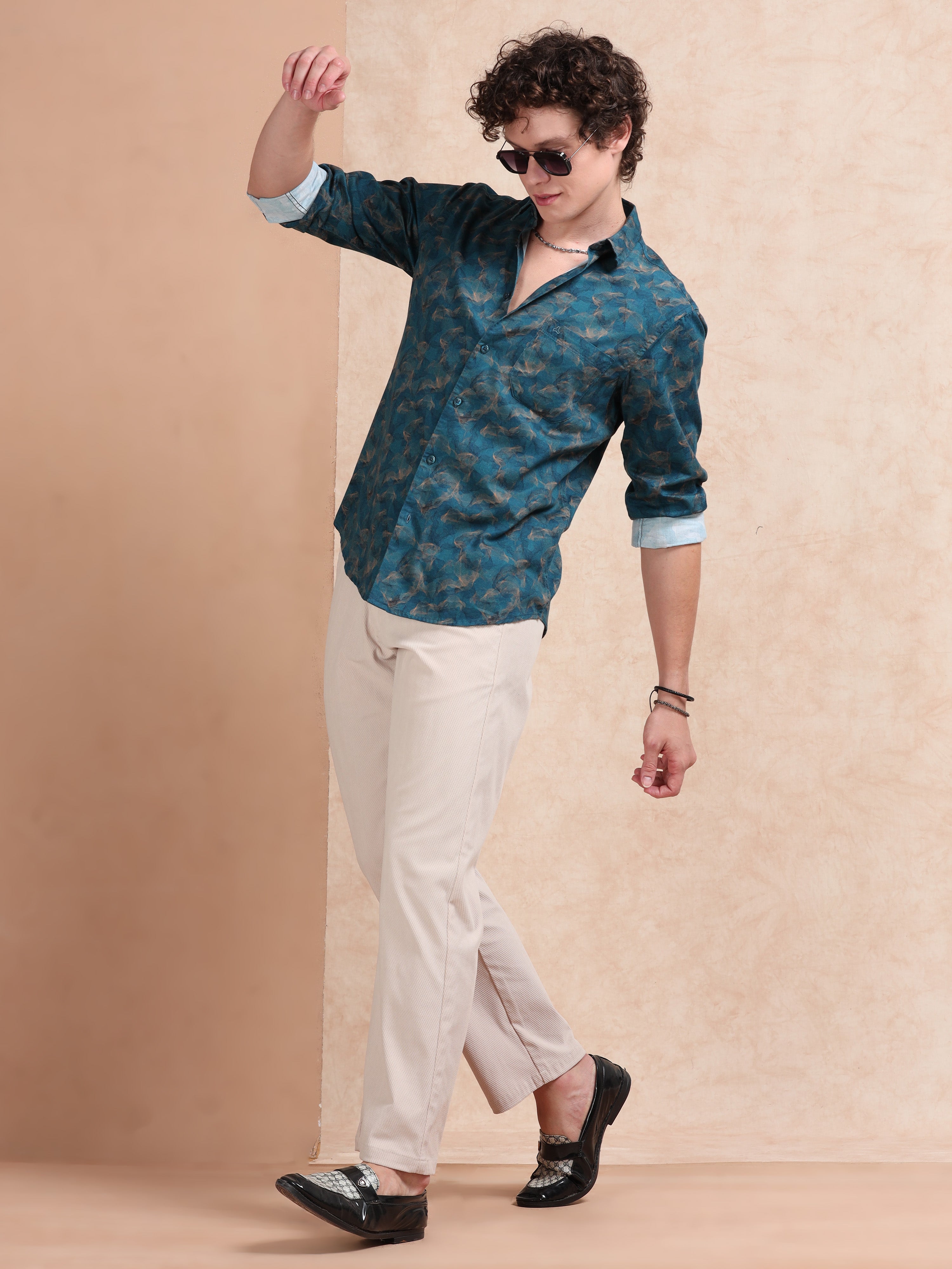 MEN'S TEEL GREEN PRINT SLIM FIT SHIRT