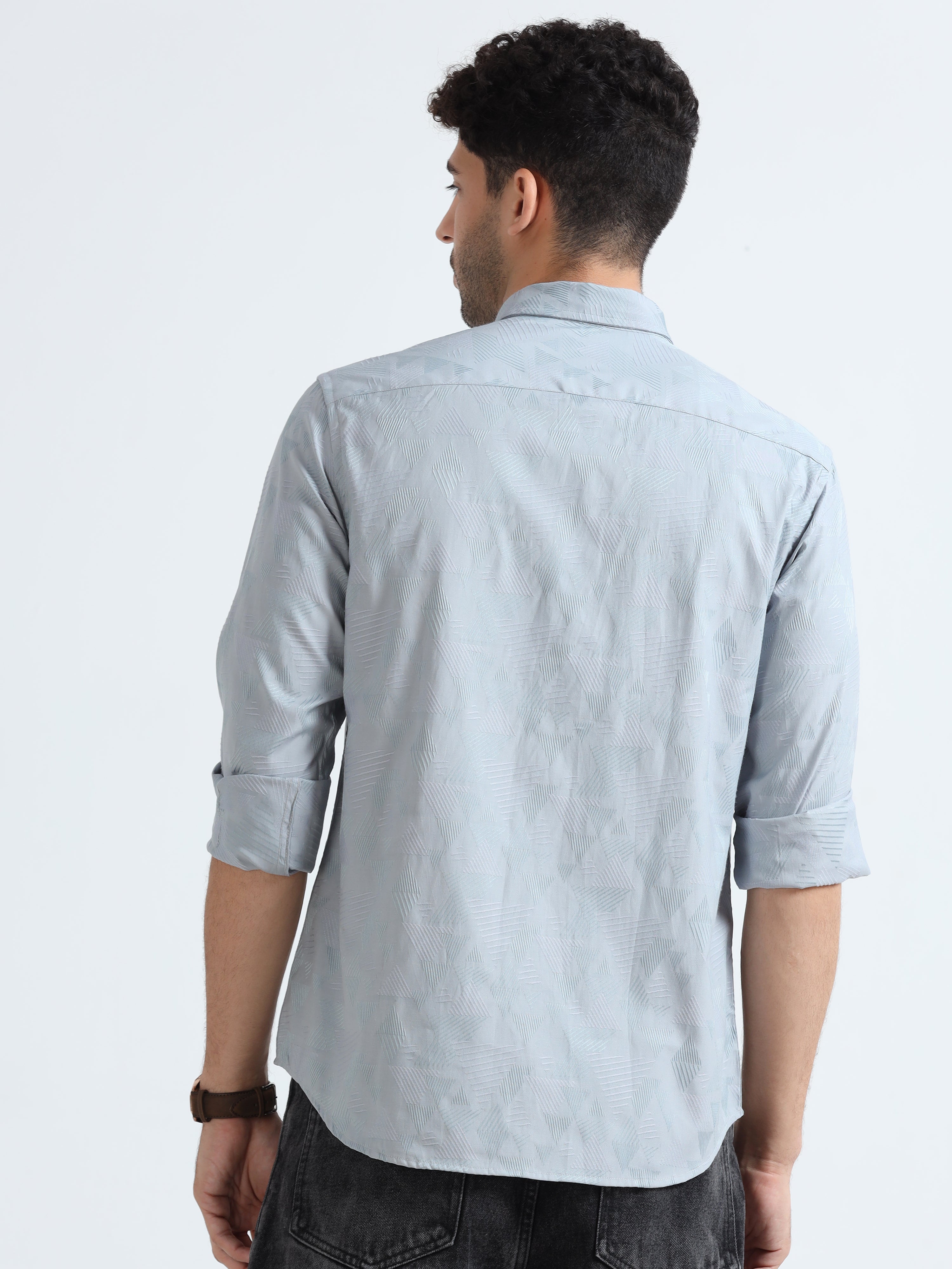 MEN'S GREY JACQUARD  SOLID SLIM FIT SHIRT