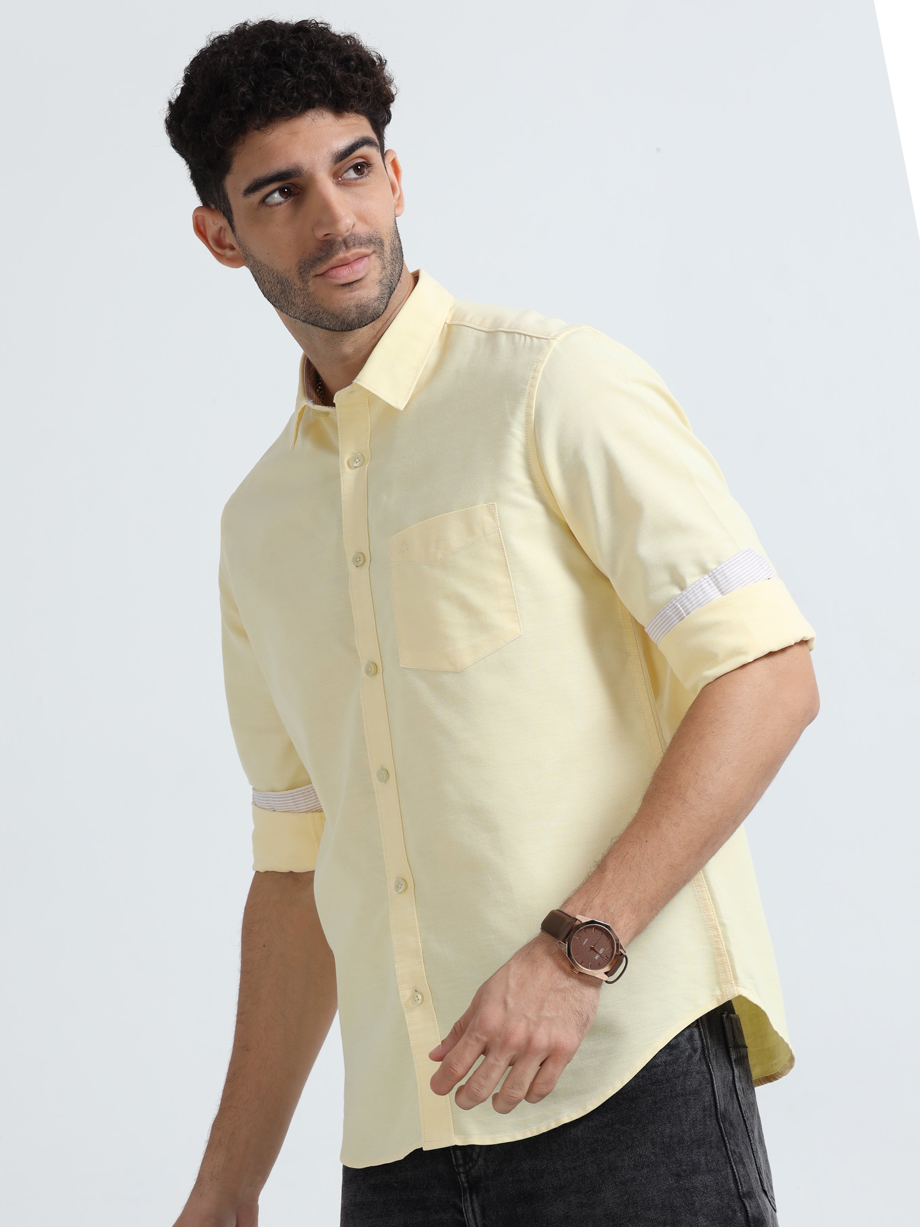 MEN'S LT.YELLOW-OXFORD  SOLID SLIM FIT SHIRT