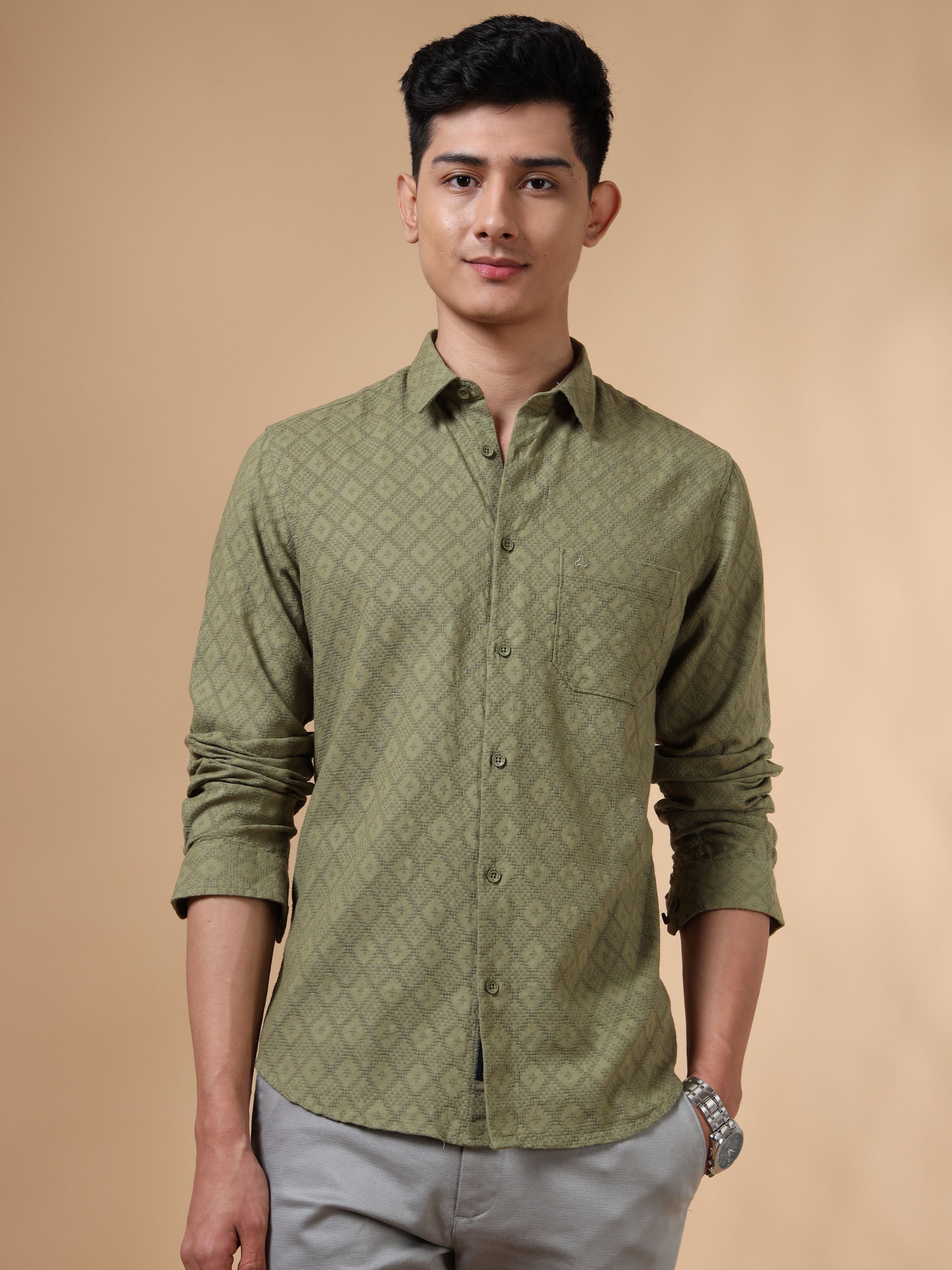 MEN'S PISTA GREEN SOLID SLIM FIT SHIRT