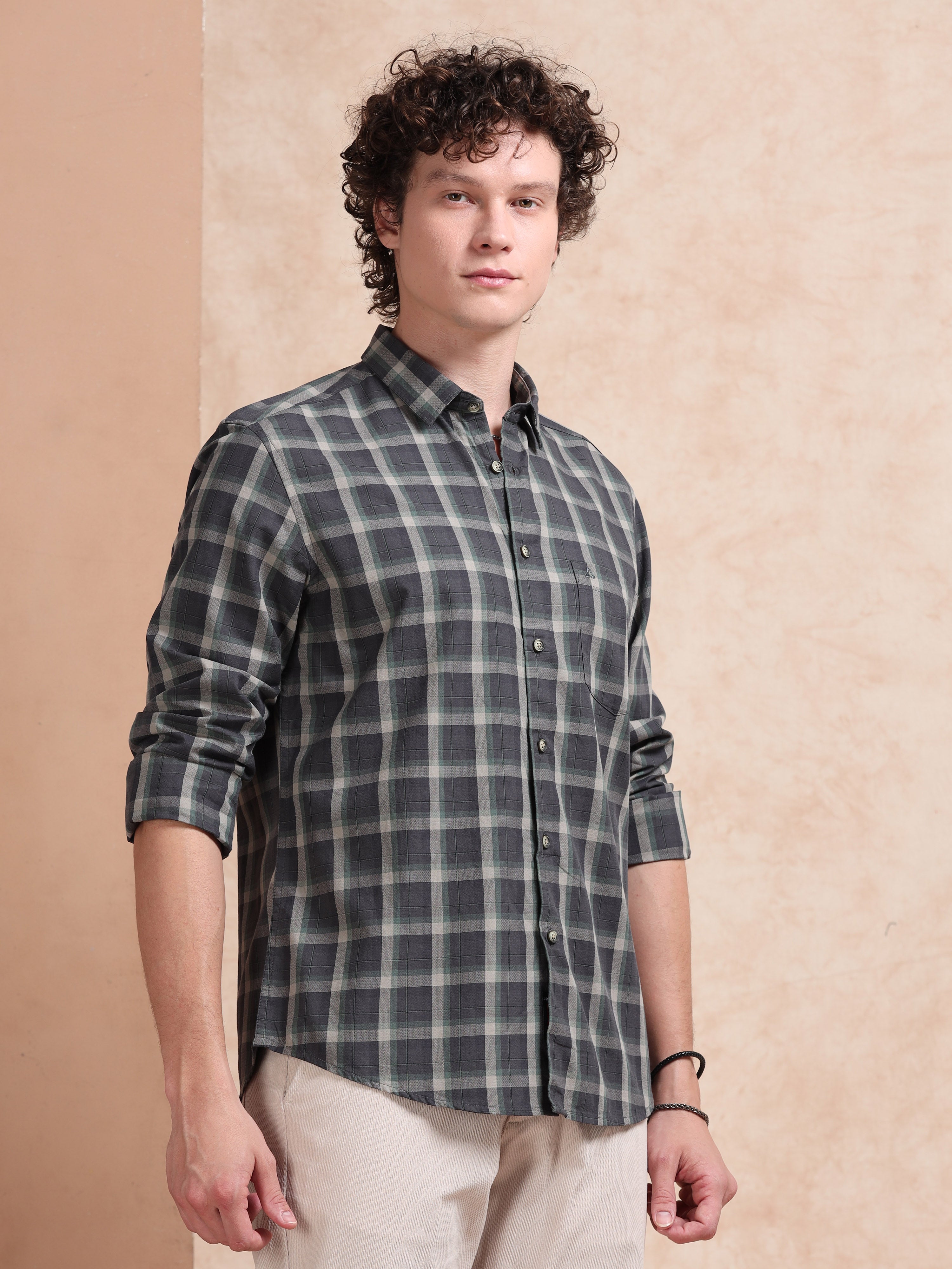 MEN'S GREEN CHECKS SLIM FIT SHIRT