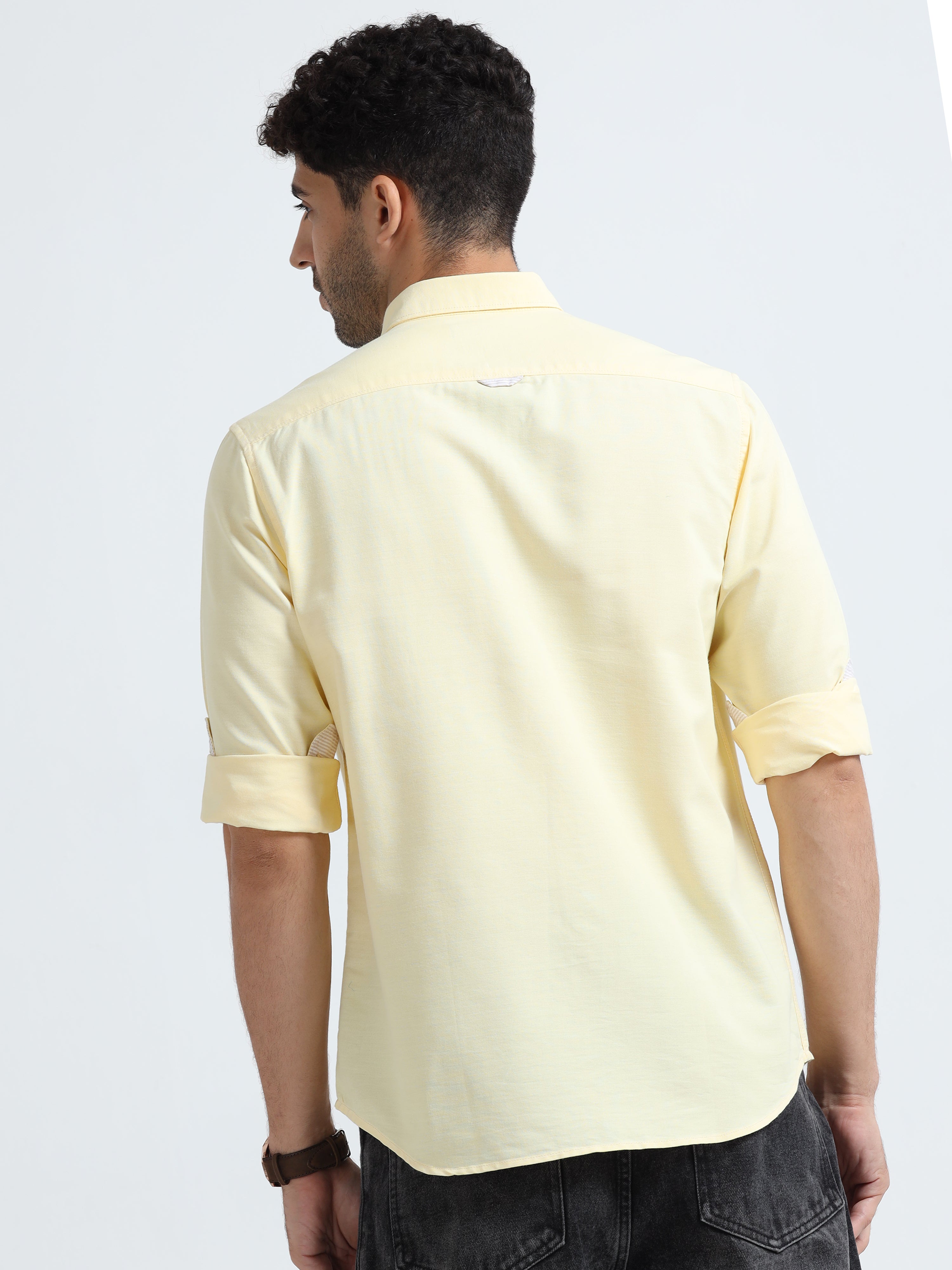 MEN'S LT.YELLOW-OXFORD  SOLID SLIM FIT SHIRT