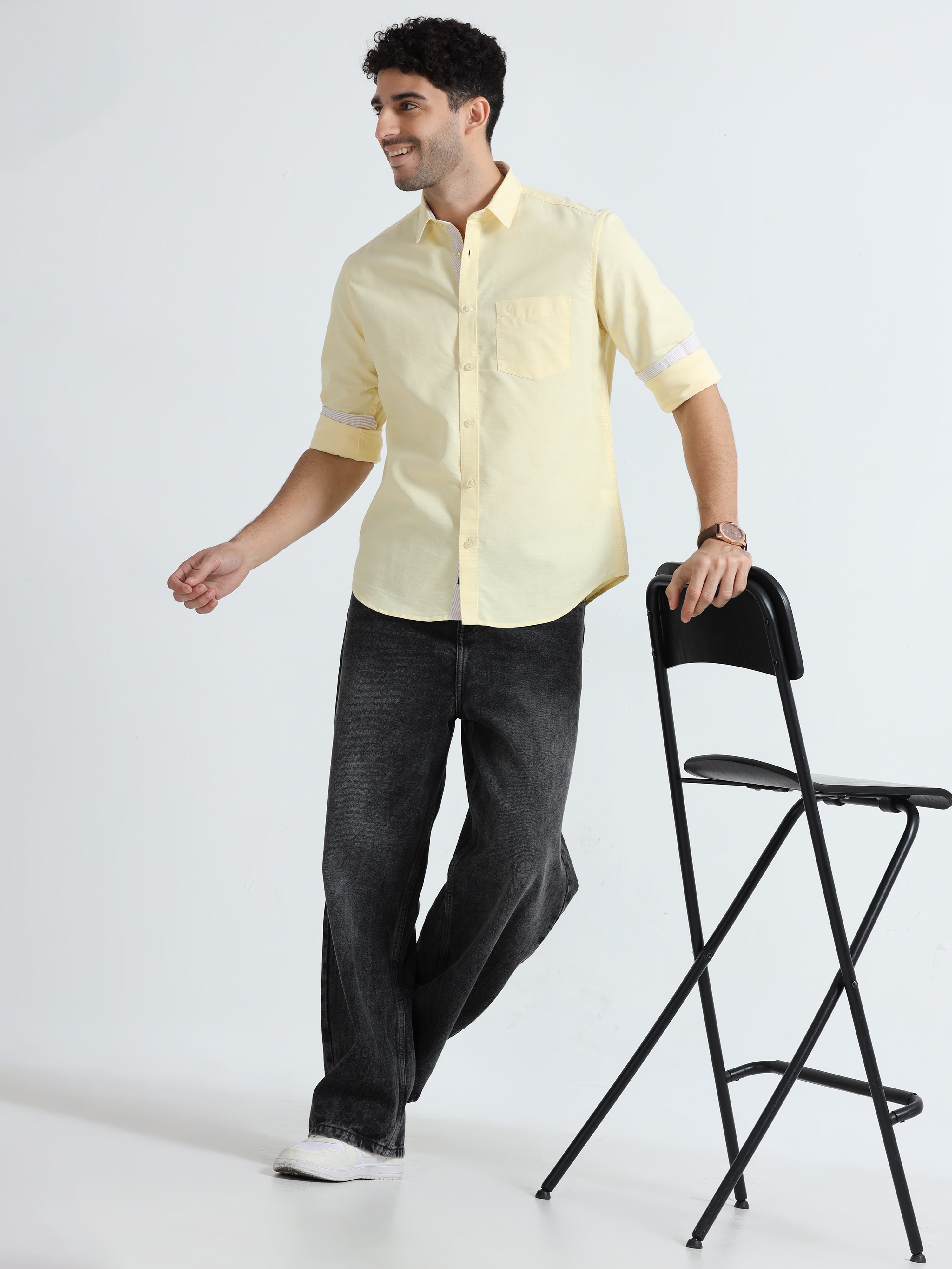 MEN'S LT.YELLOW-OXFORD  SOLID SLIM FIT SHIRT