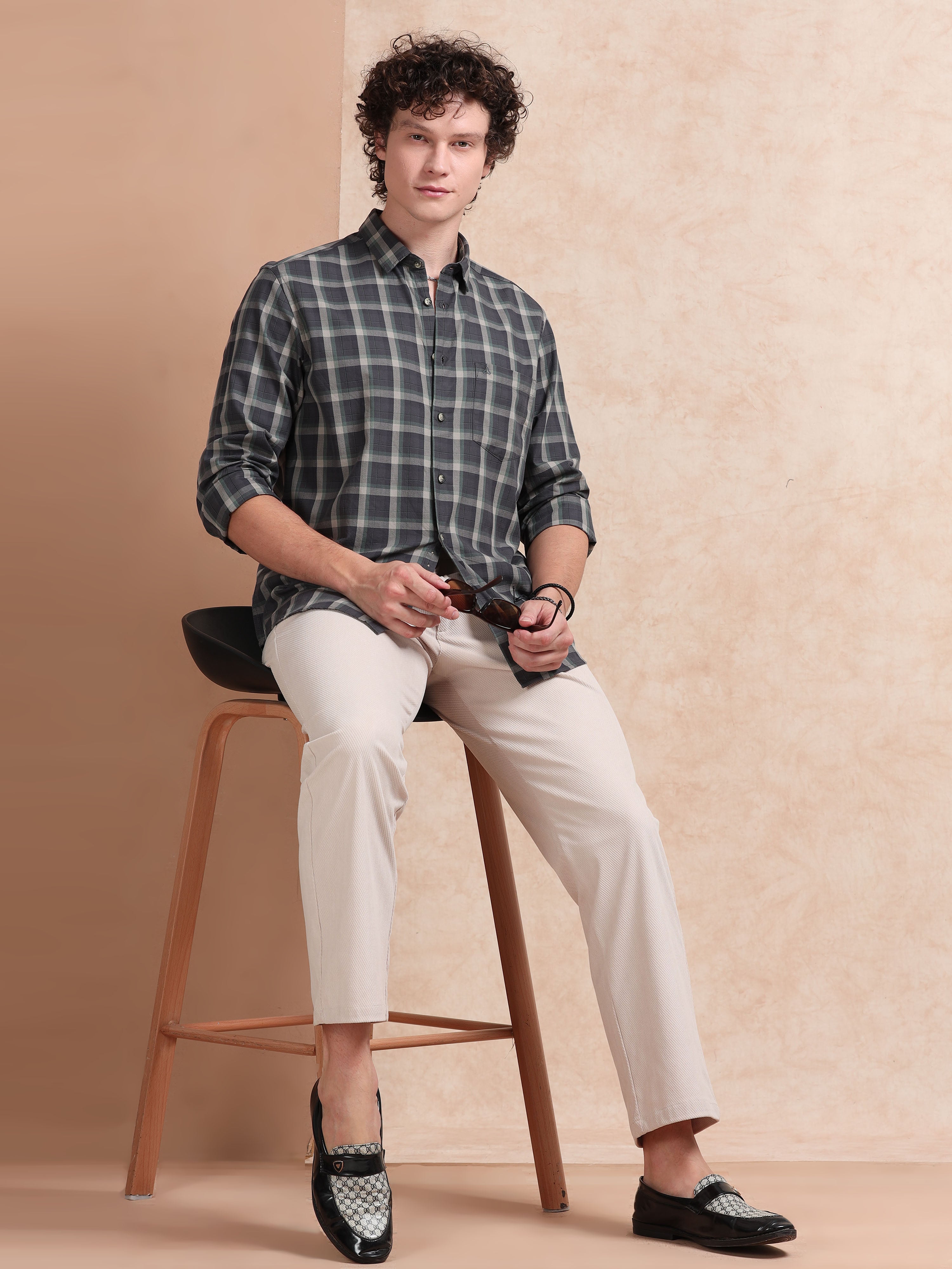 MEN'S GREEN CHECKS SLIM FIT SHIRT