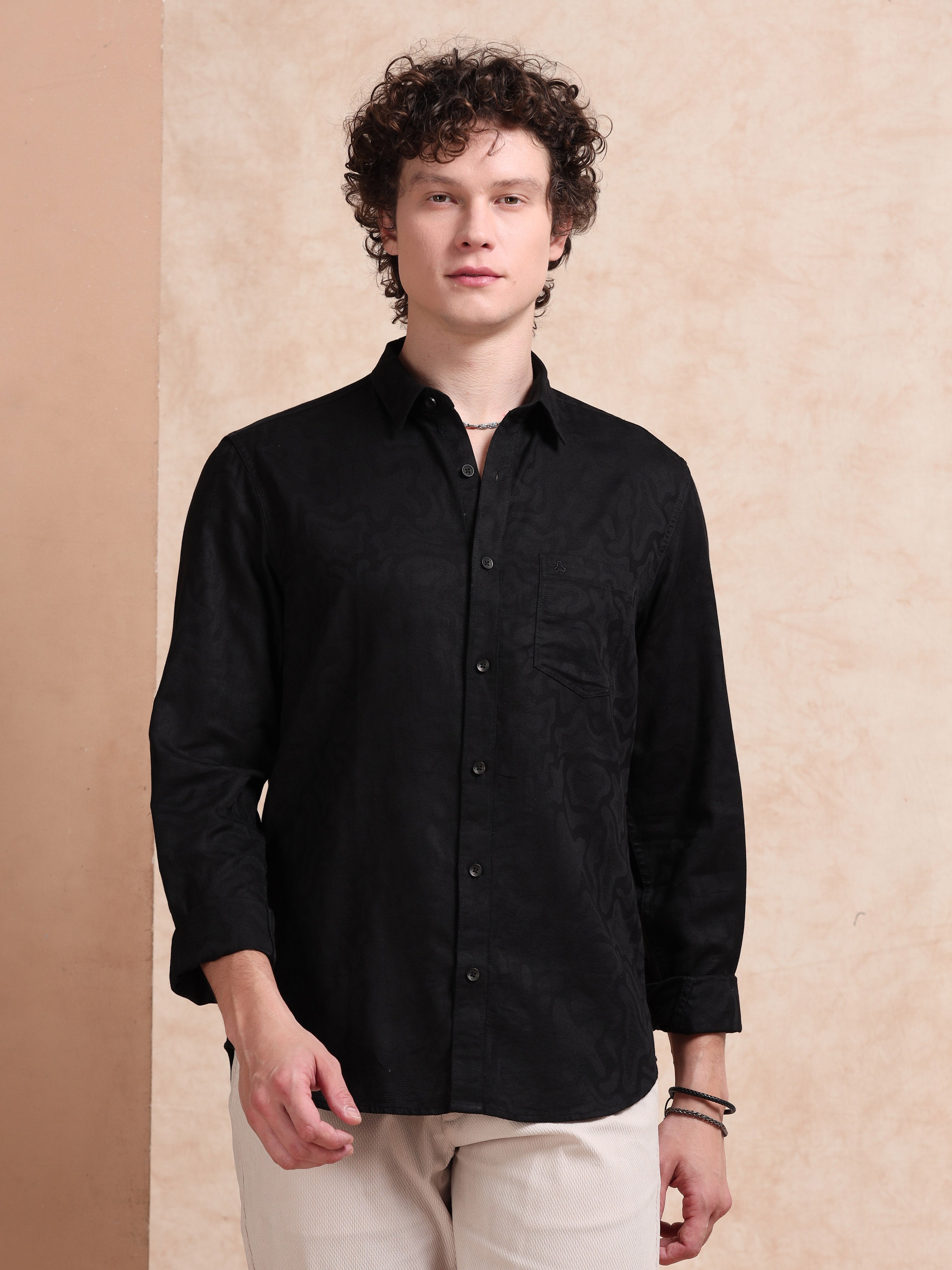 MEN'S BLACK SELF DESIGN SLIM FIT SHIRT