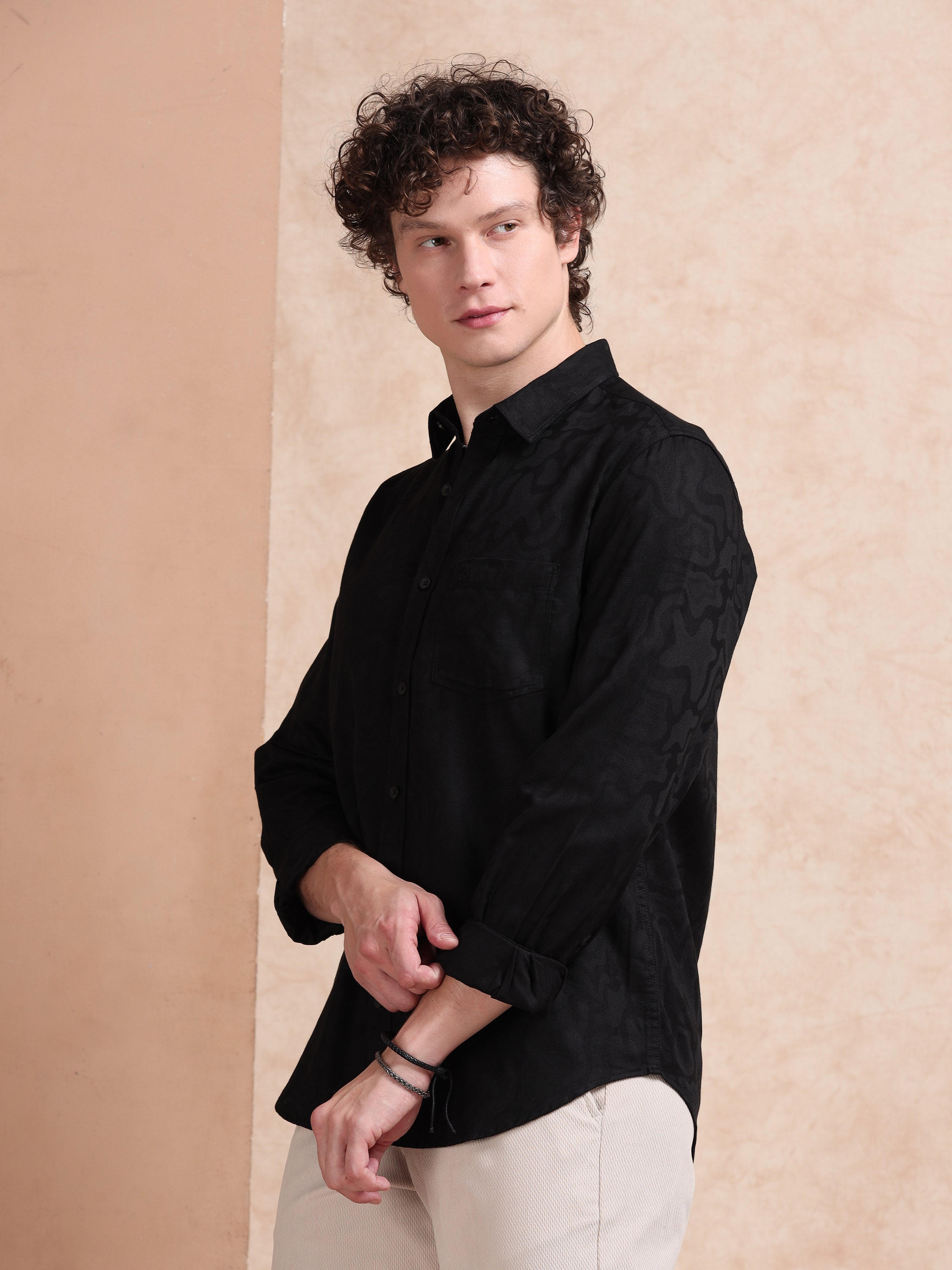 MEN'S BLACK SELF DESIGN SLIM FIT SHIRT