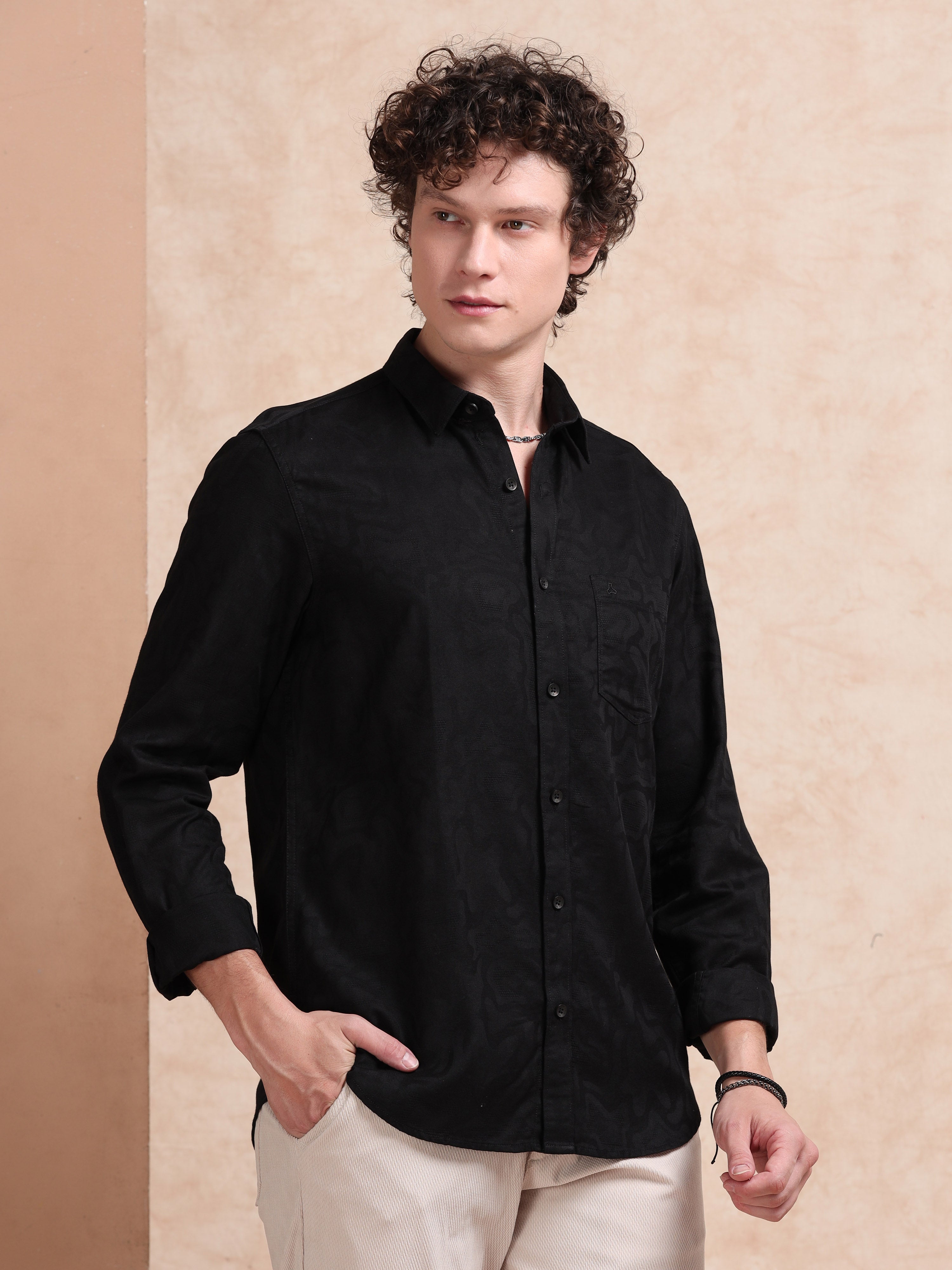 MEN'S BLACK SELF DESIGN SLIM FIT SHIRT
