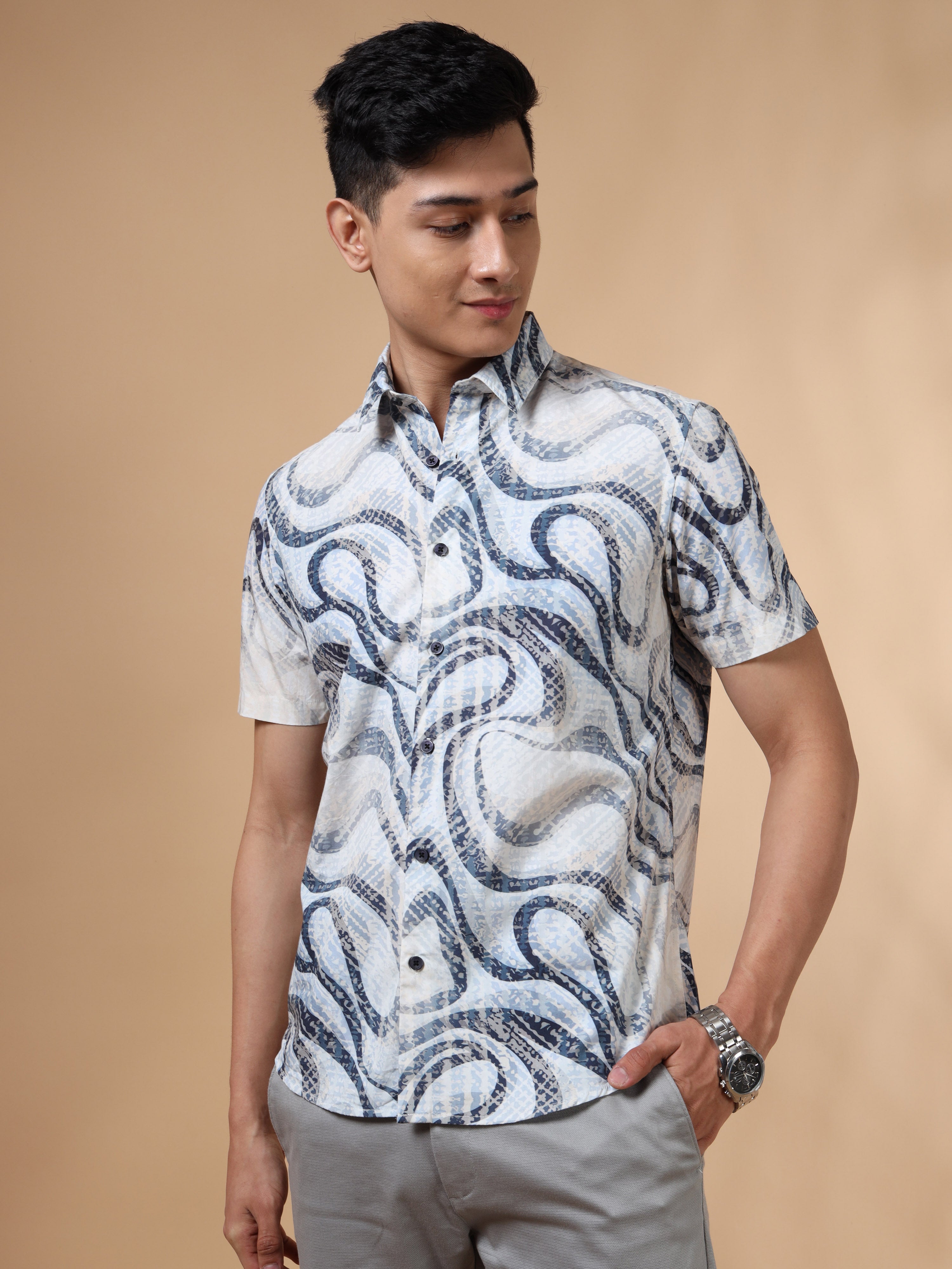 MEN'S NAVY PRINT SLIM FIT SHIRT