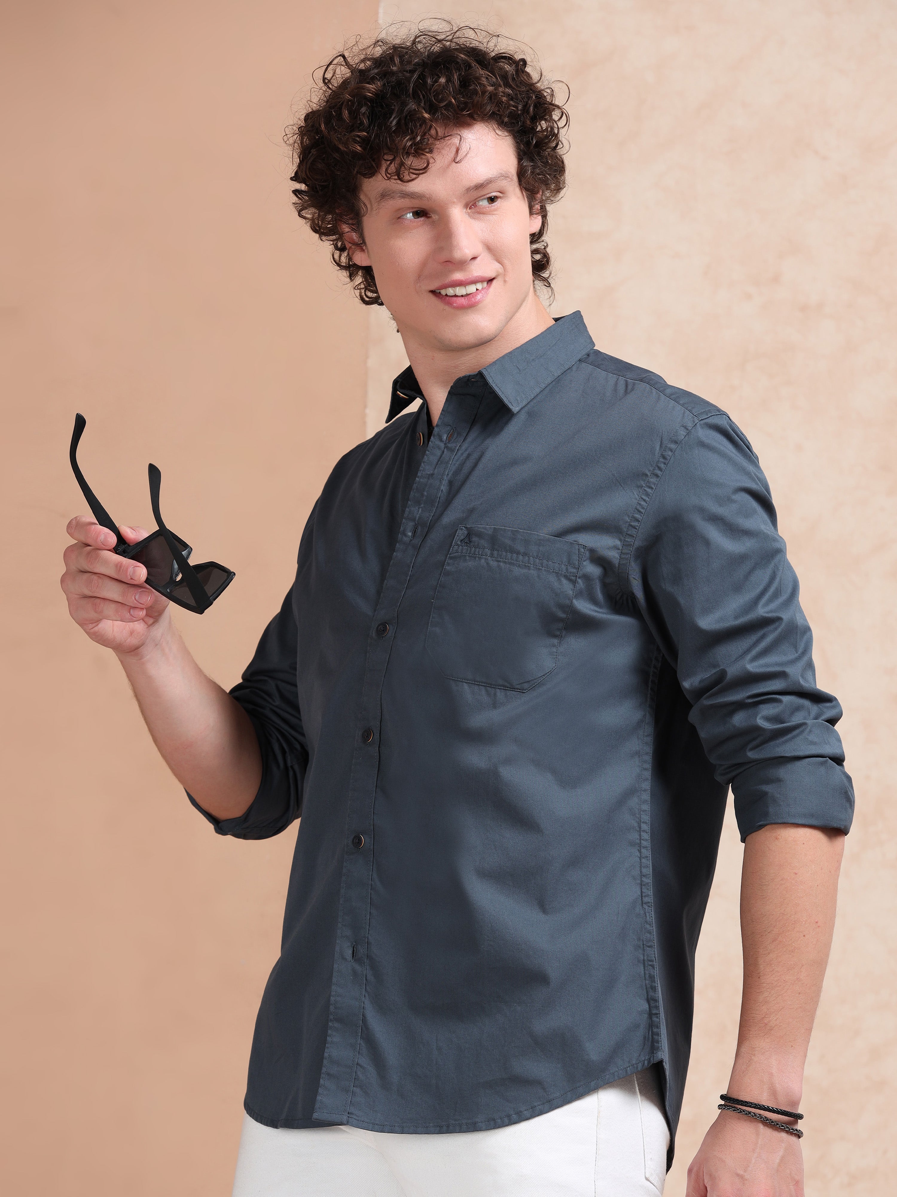 MEN'S GREENISH BLUE SOLID SLIM FIT SHIRT