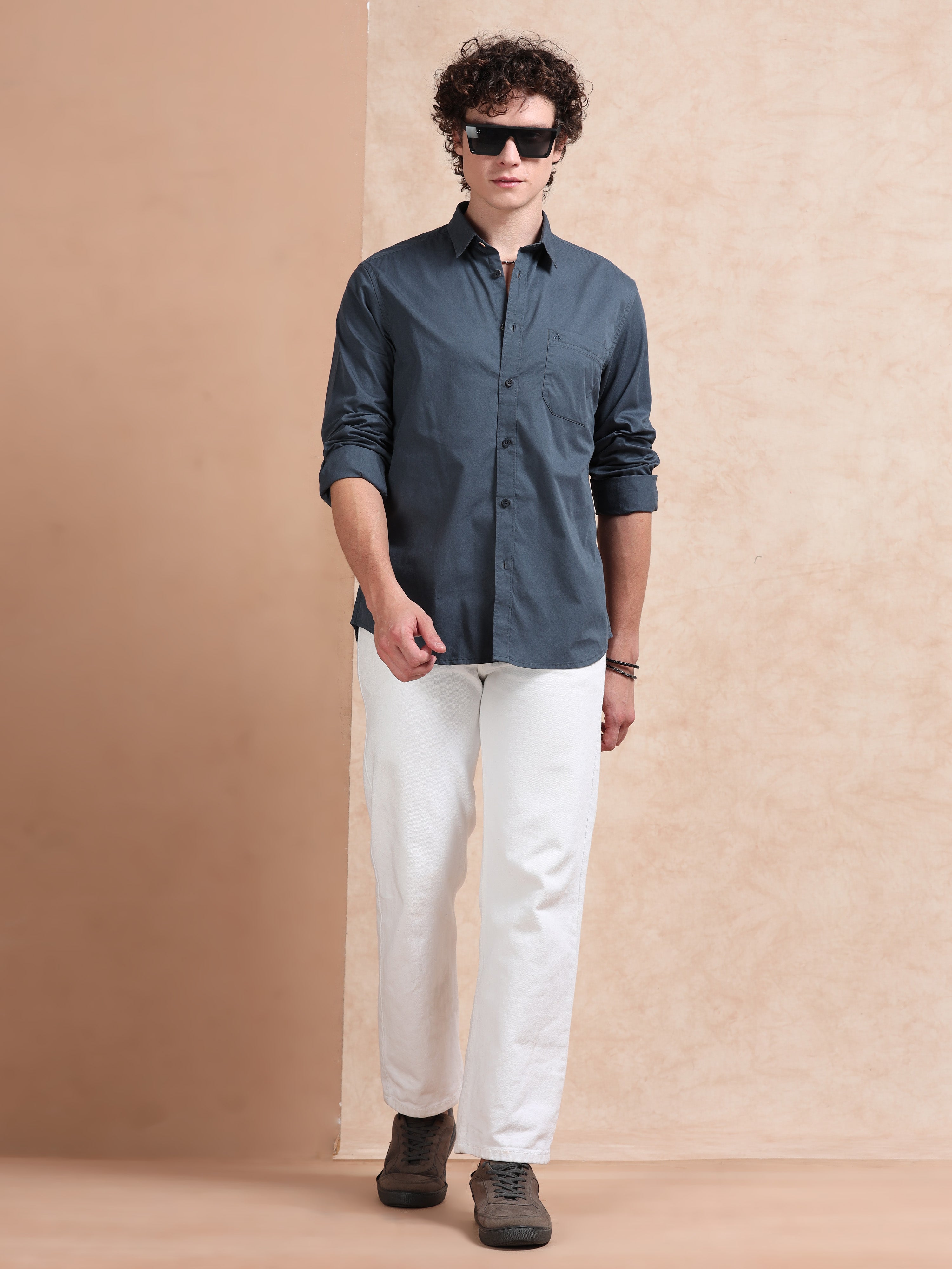 MEN'S GREENISH BLUE SOLID SLIM FIT SHIRT