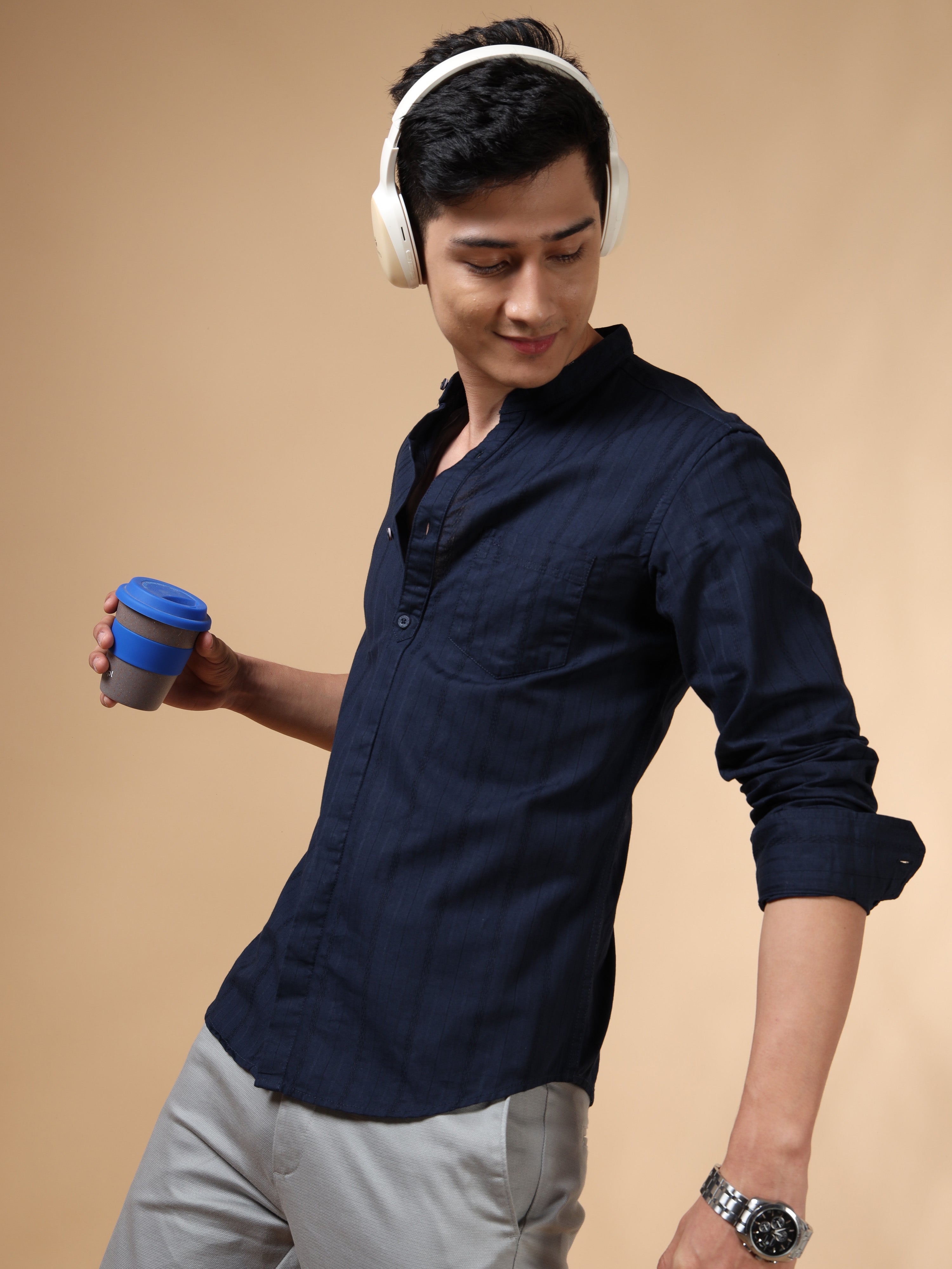 MEN'S NAVY STRIPES SLIM FIT SHIRT