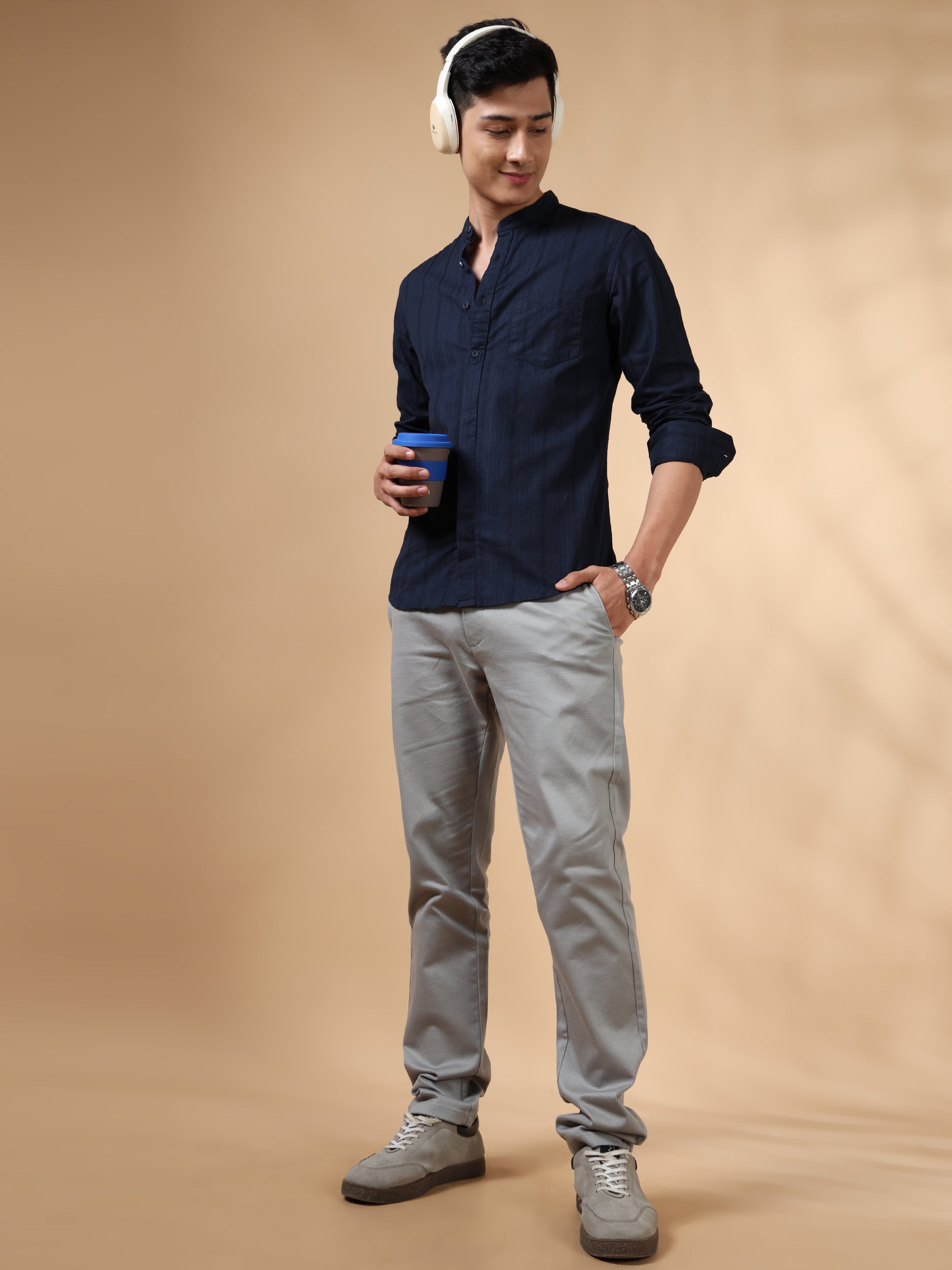 MEN'S NAVY STRIPES SLIM FIT SHIRT