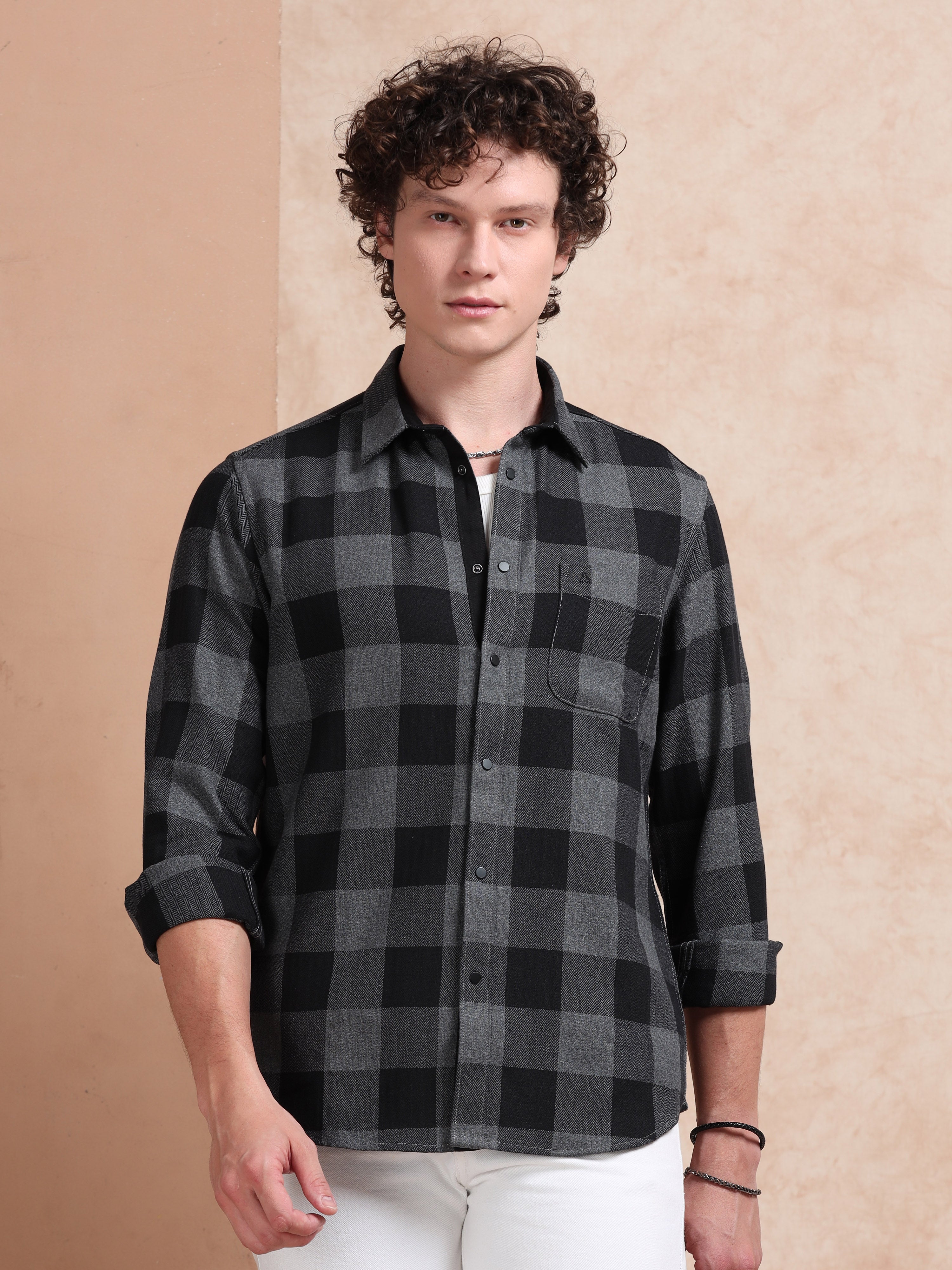 MEN'S BLACK CHECKS SLIM FIT SHIRT