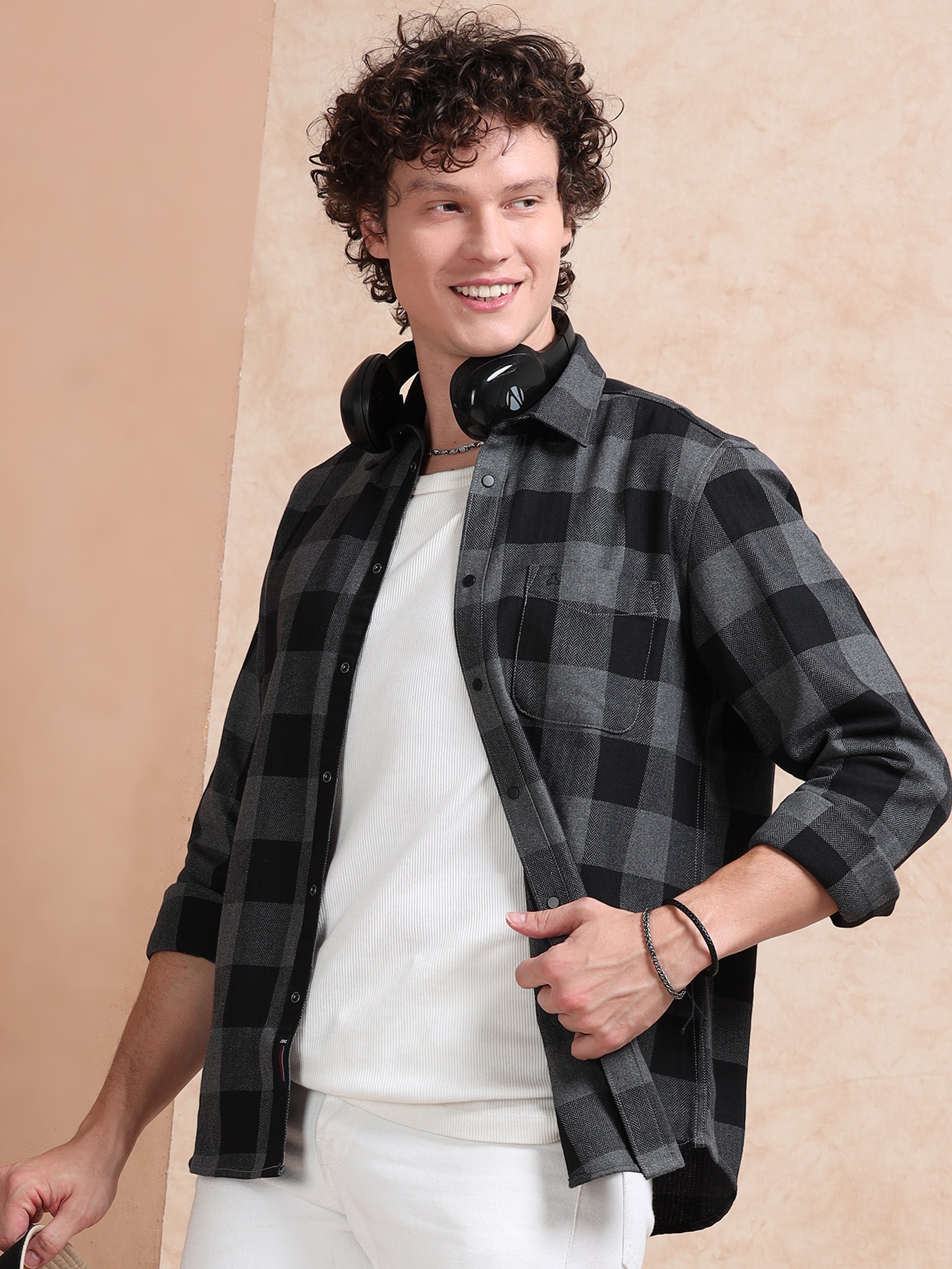 MEN'S BLACK CHECKS SLIM FIT SHIRT