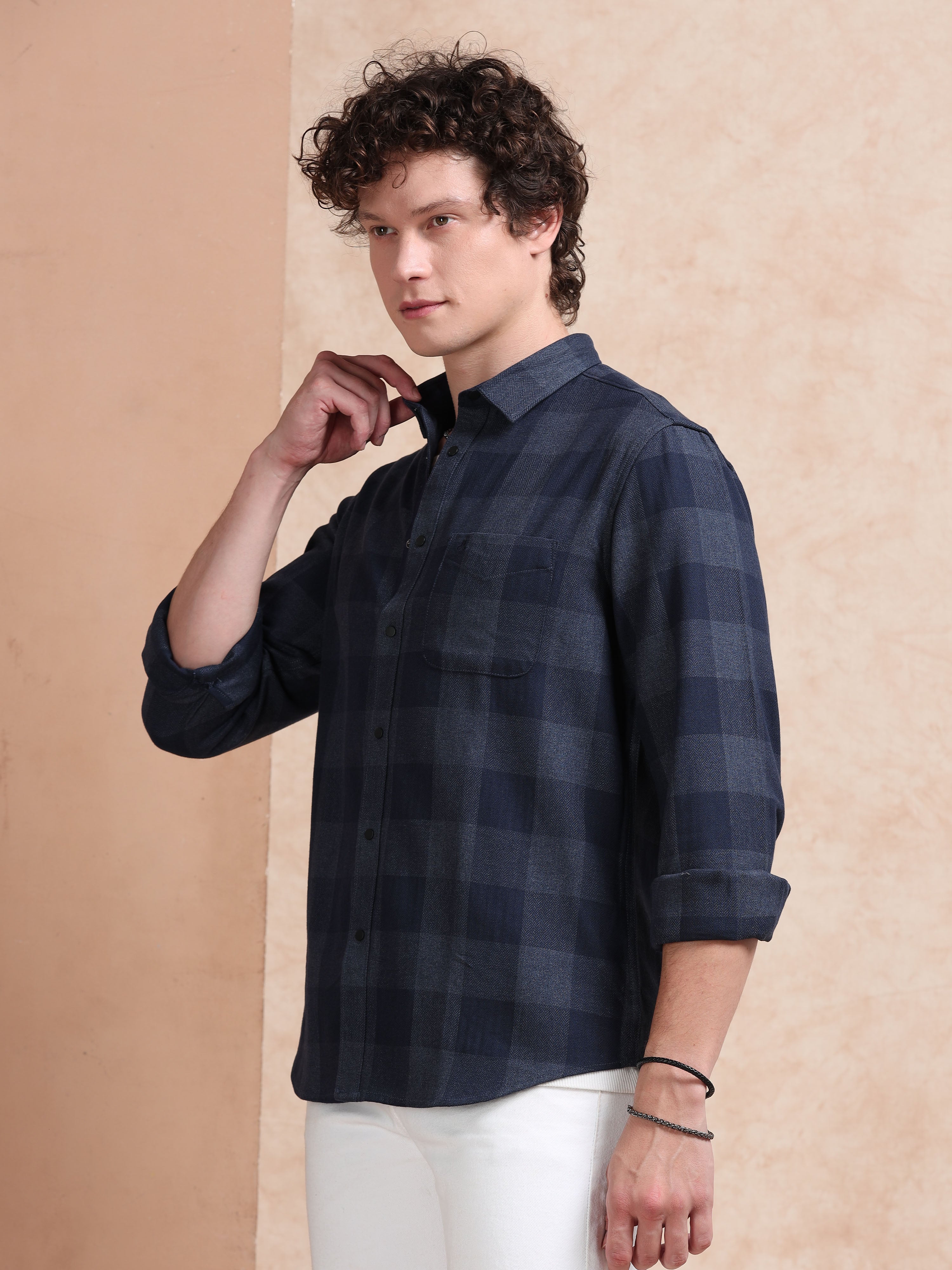 MEN'S NAVY CHECKS SLIM FIT SHIRT