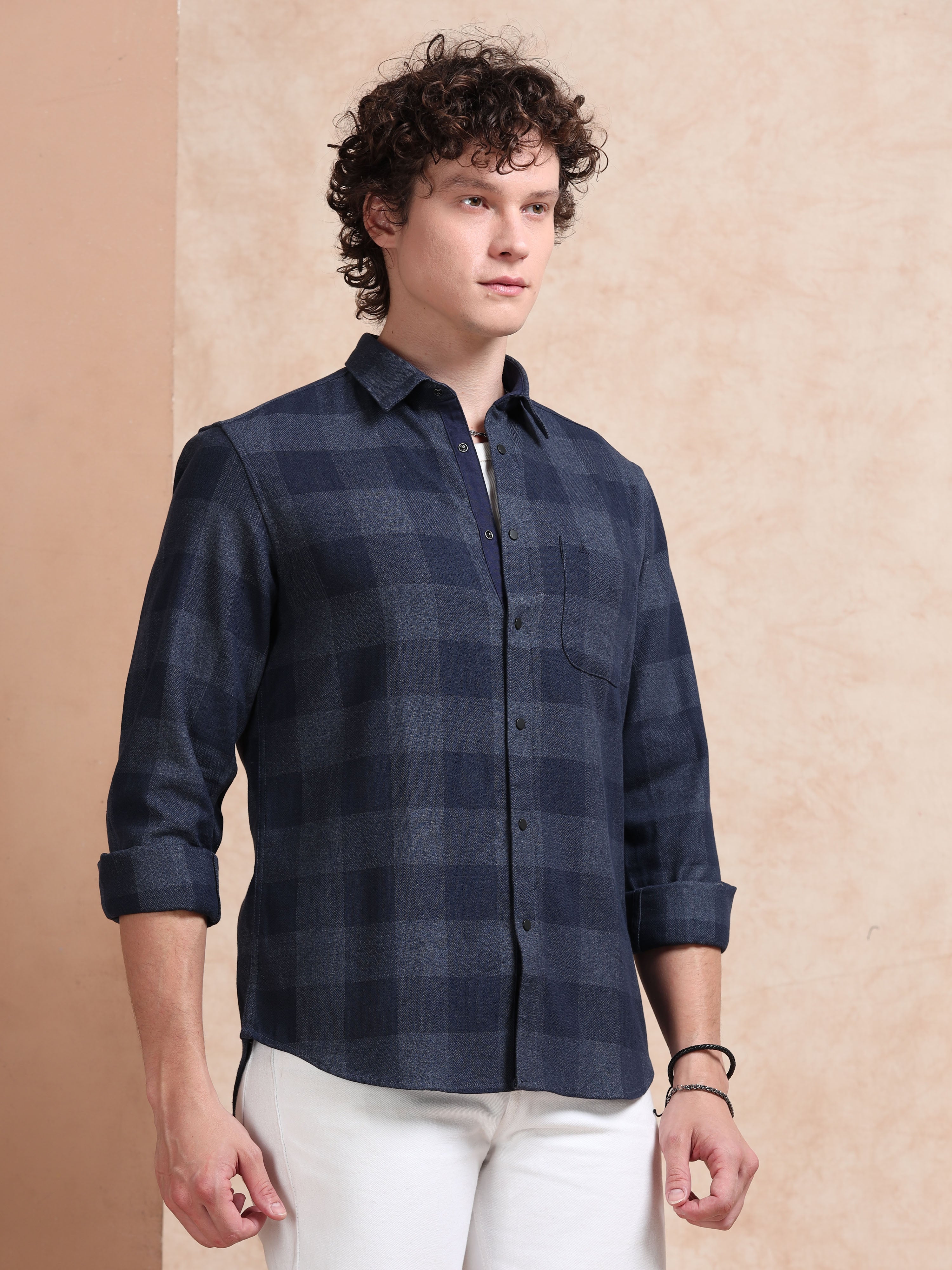 MEN'S NAVY CHECKS SLIM FIT SHIRT