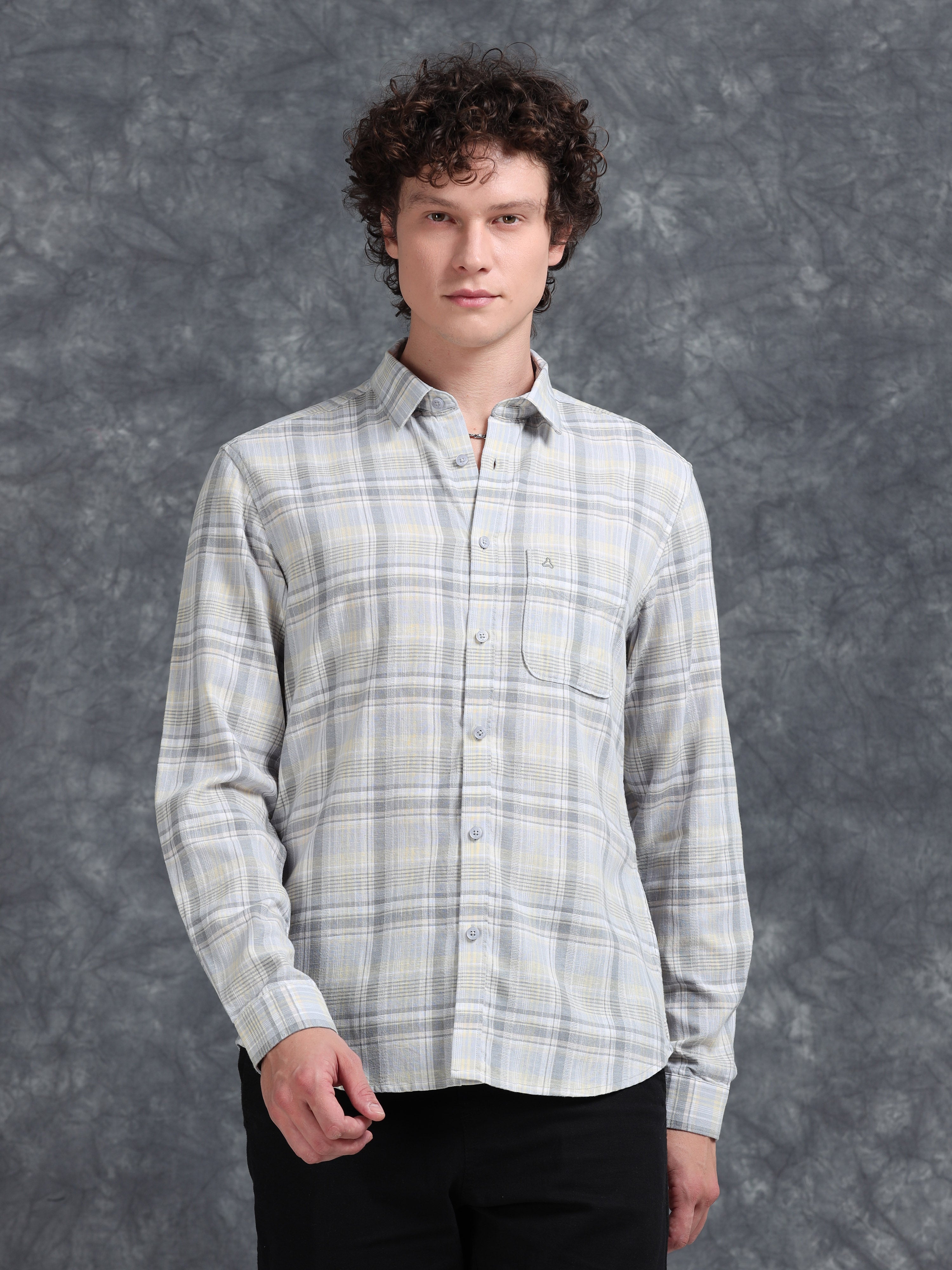 MEN'S LT.GREY CHECKS SLIM FIT SHIRT