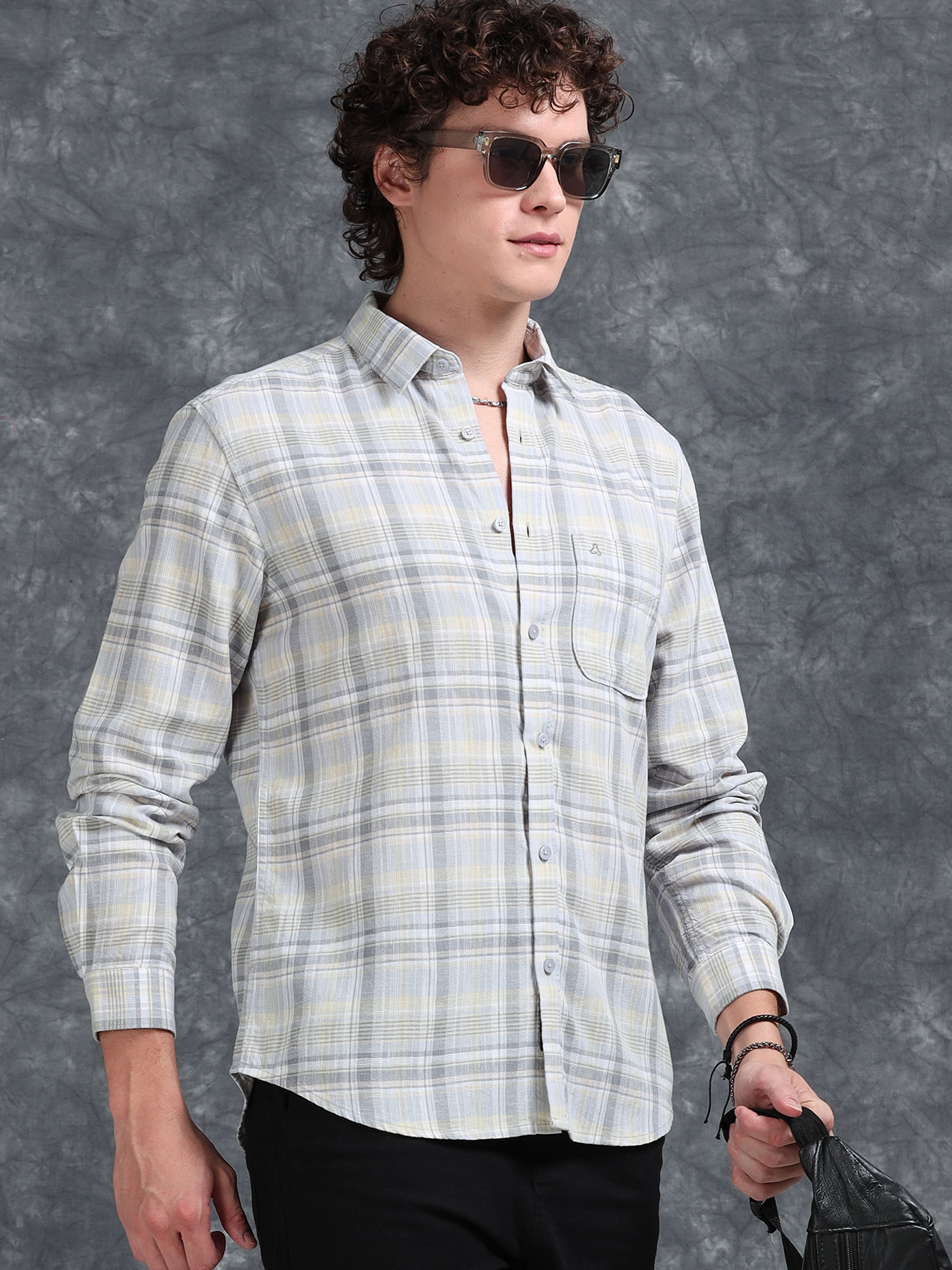 MEN'S LT.GREY CHECKS SLIM FIT SHIRT