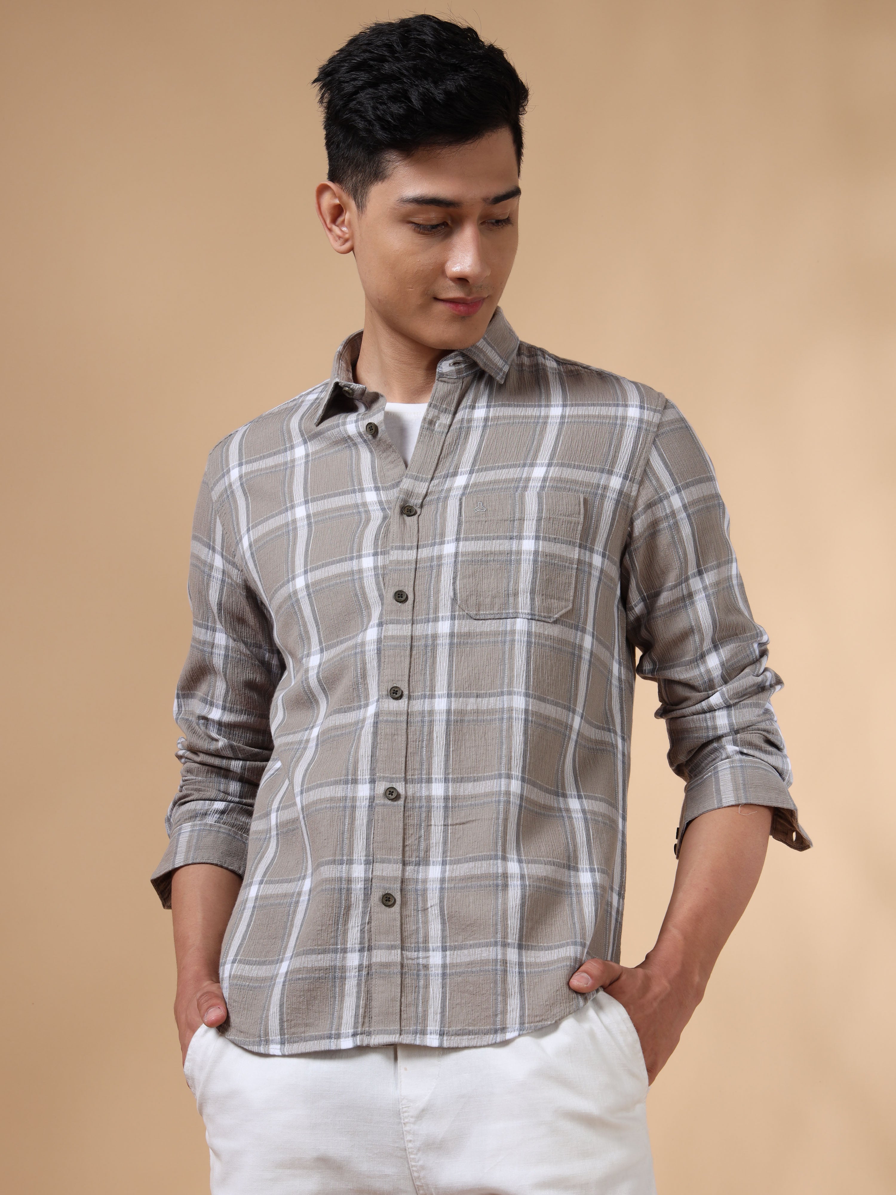 MEN'S BEIGE CHECKS SLIM FIT SHIRT
