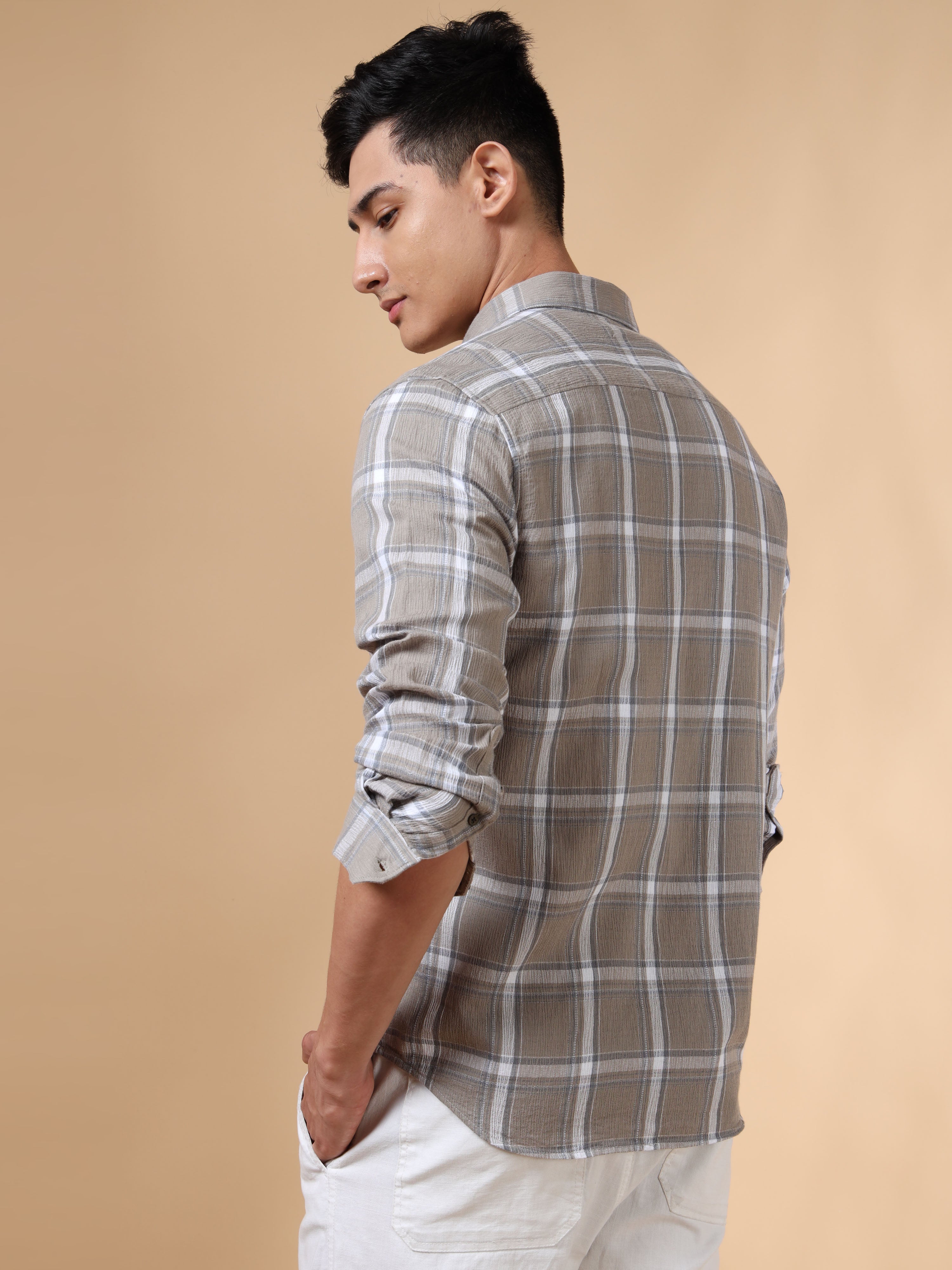 MEN'S BEIGE CHECKS SLIM FIT SHIRT