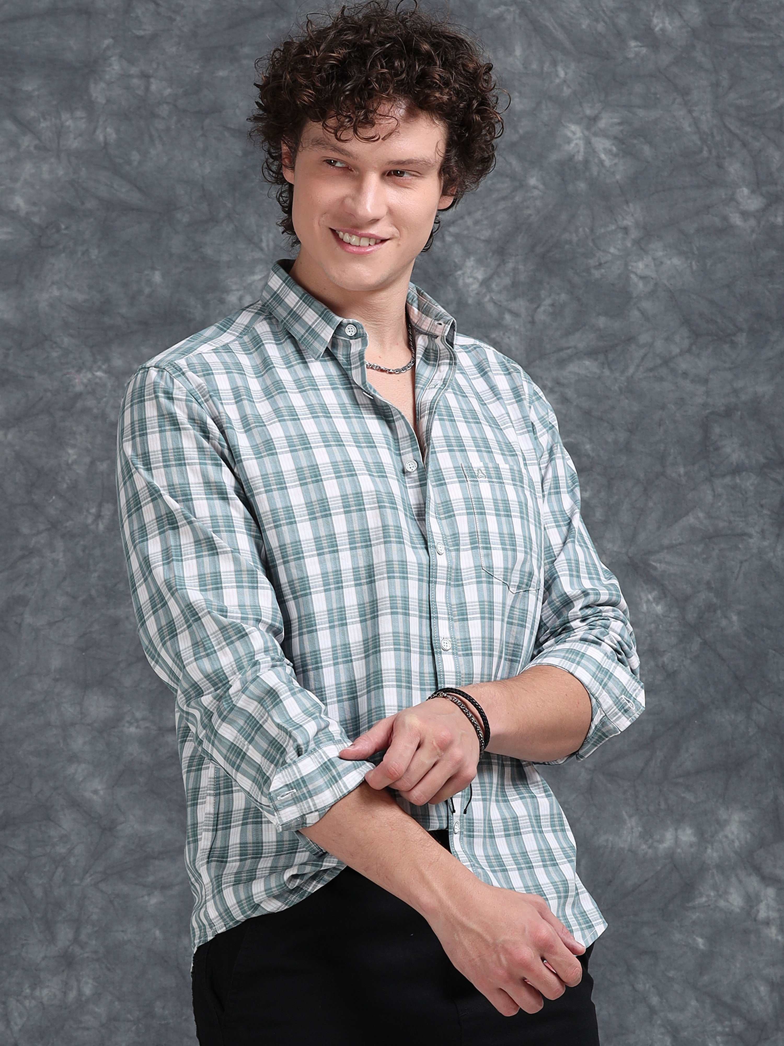 MEN'S LT.GREEN CHECKS SLIM FIT SHIRT