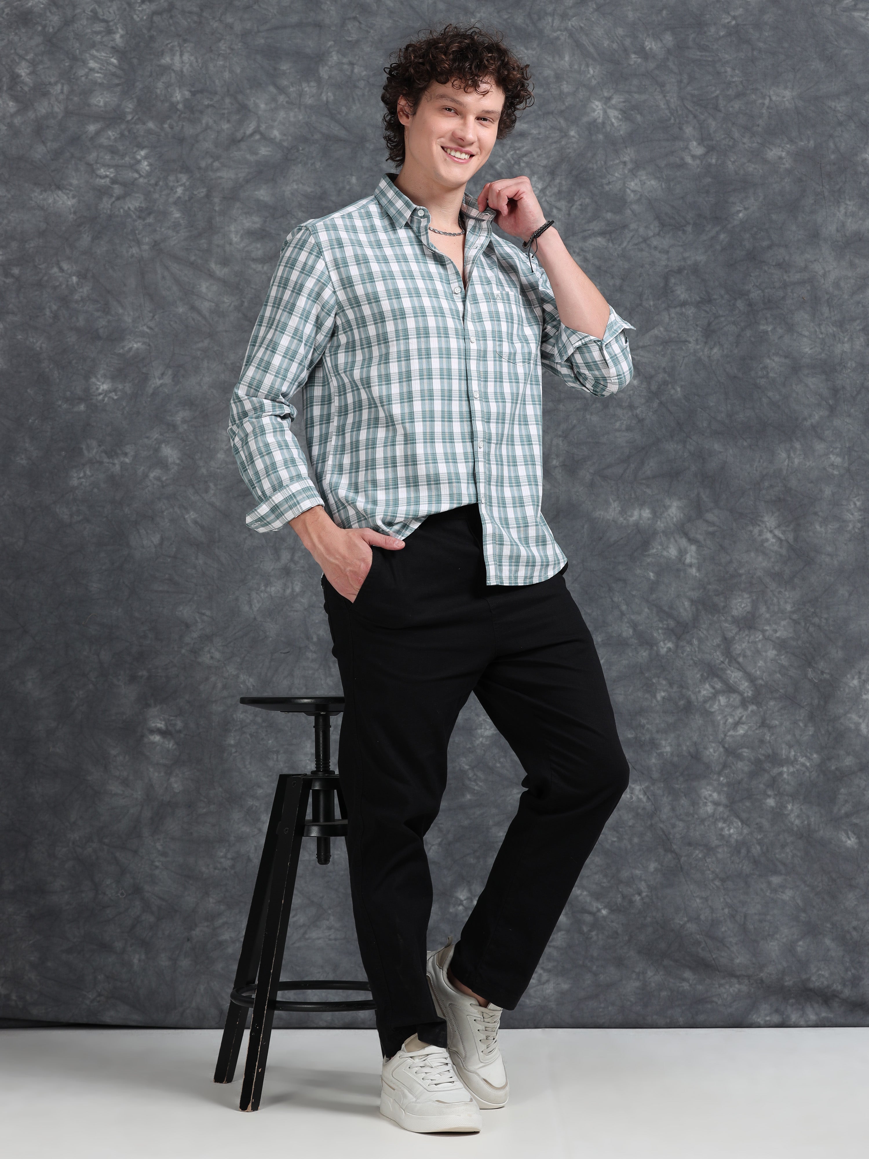 MEN'S LT.GREEN CHECKS SLIM FIT SHIRT