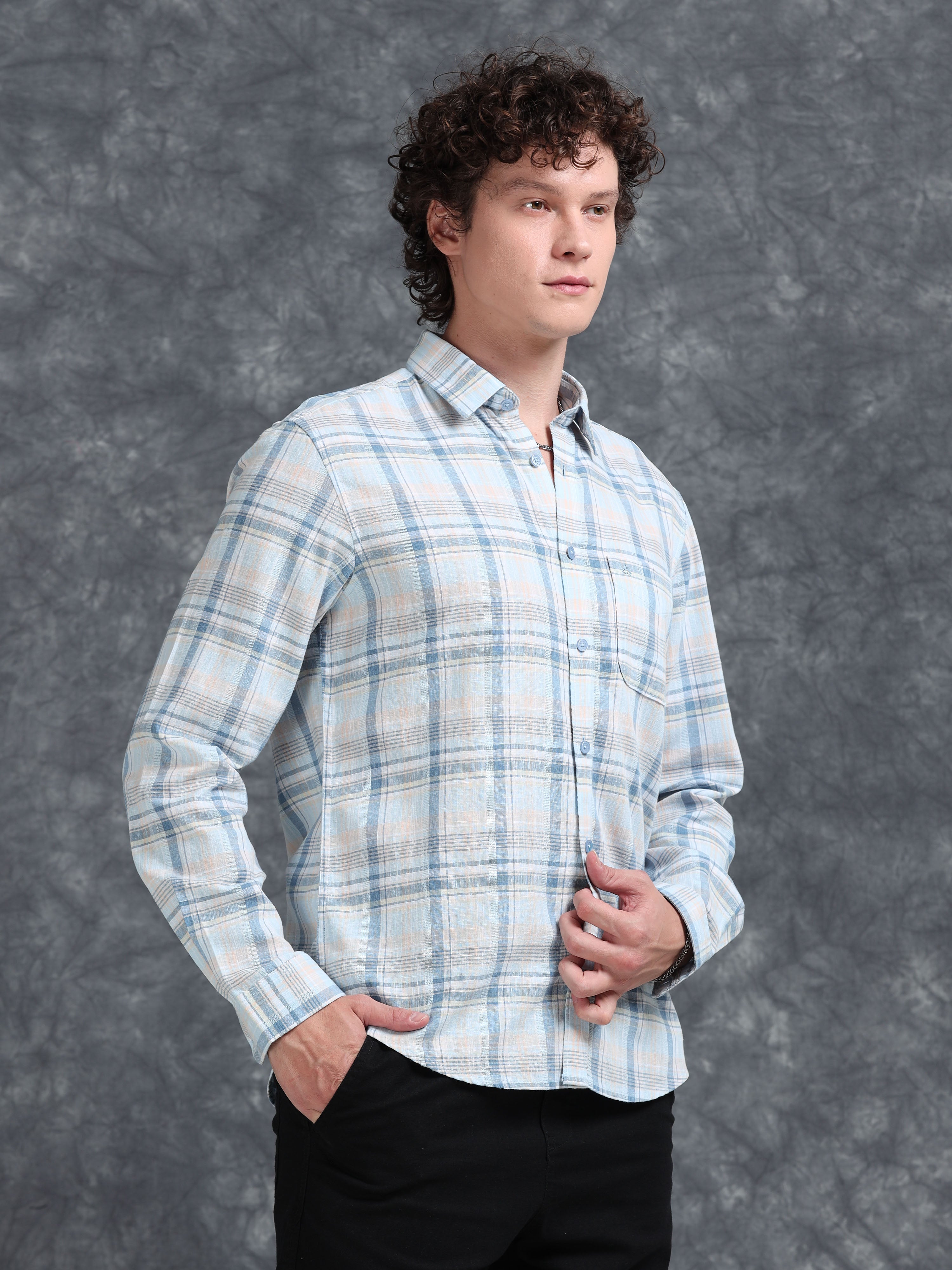 MEN'S LT.BLUE CHECKS SLIM FIT SHIRT