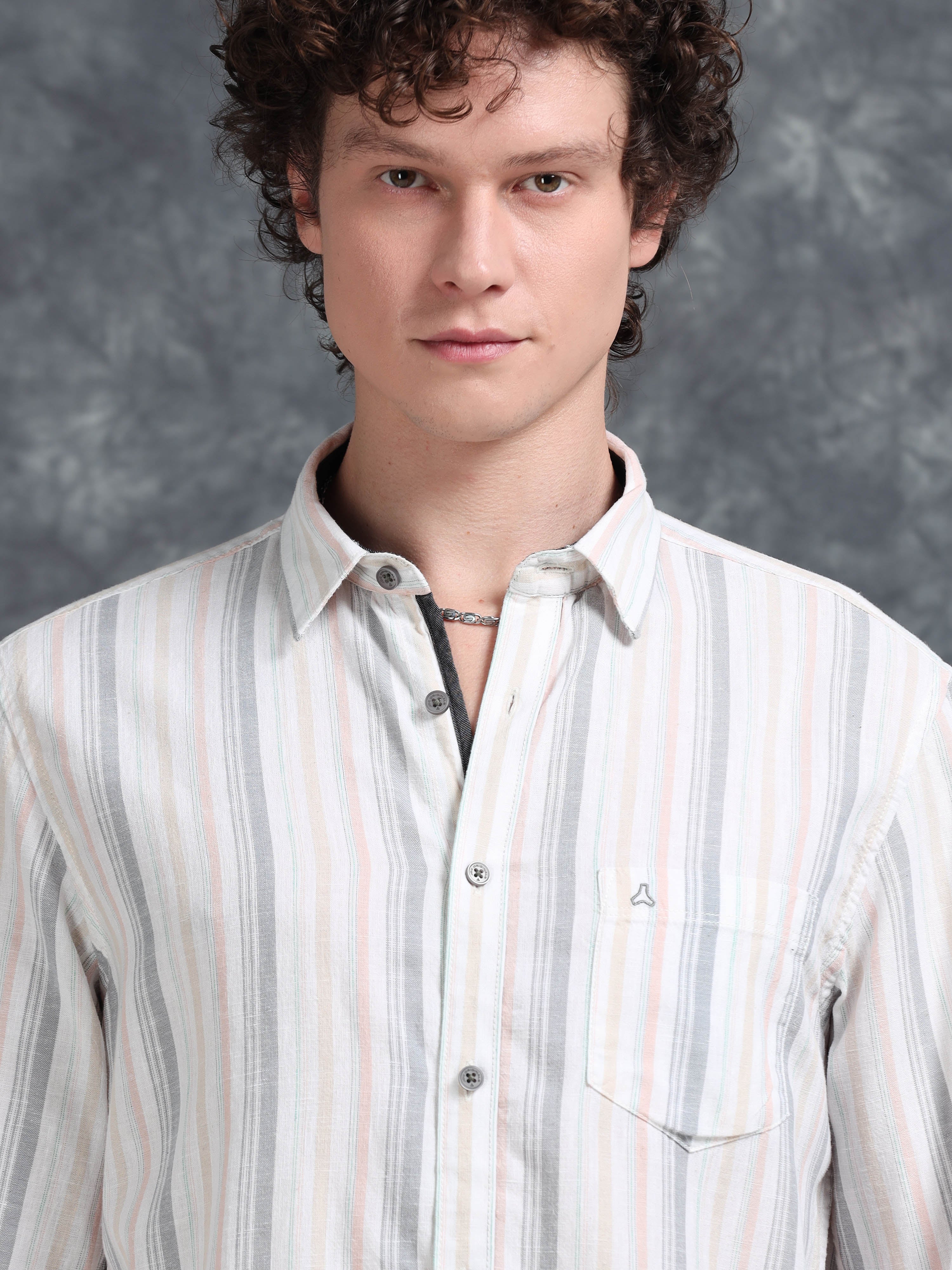 MEN'S LT.ORANGE STRIPE SLIM FIT SHIRT