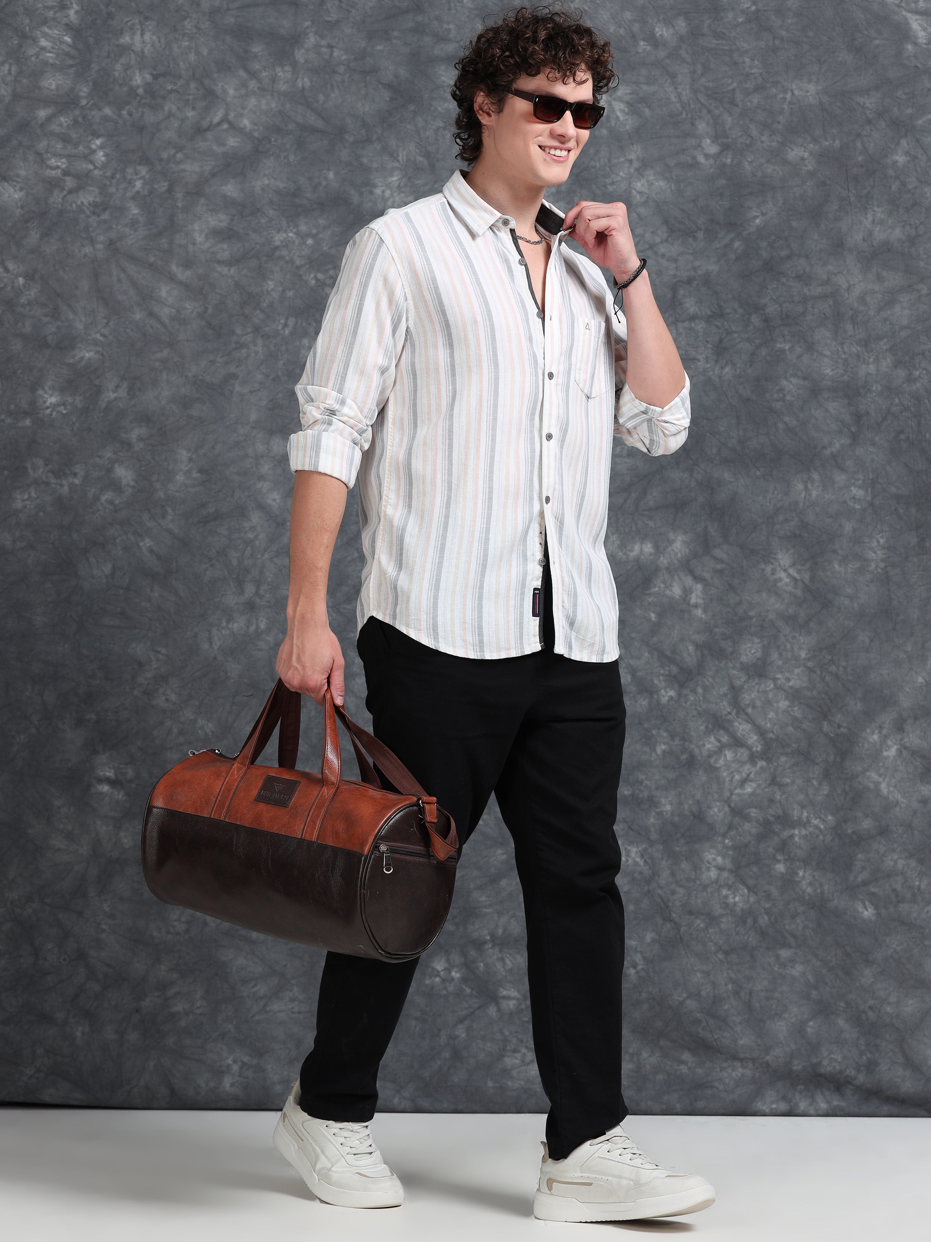 MEN'S LT.ORANGE STRIPE SLIM FIT SHIRT